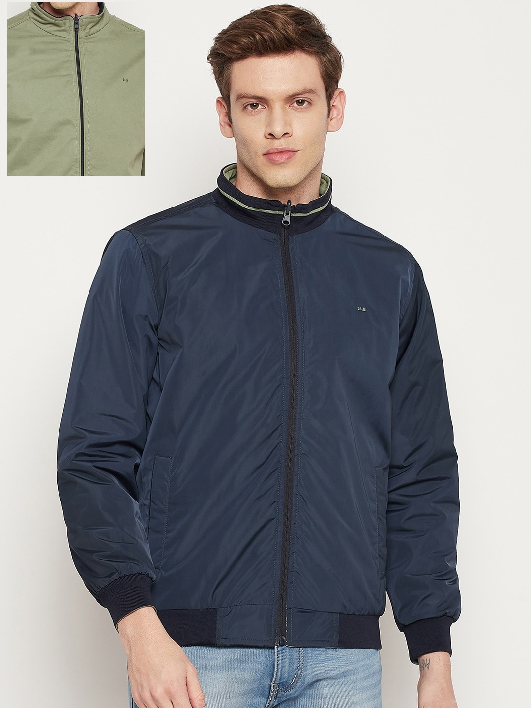 

Okane Men Reversible Bomber Mock Collar Jacket, Olive