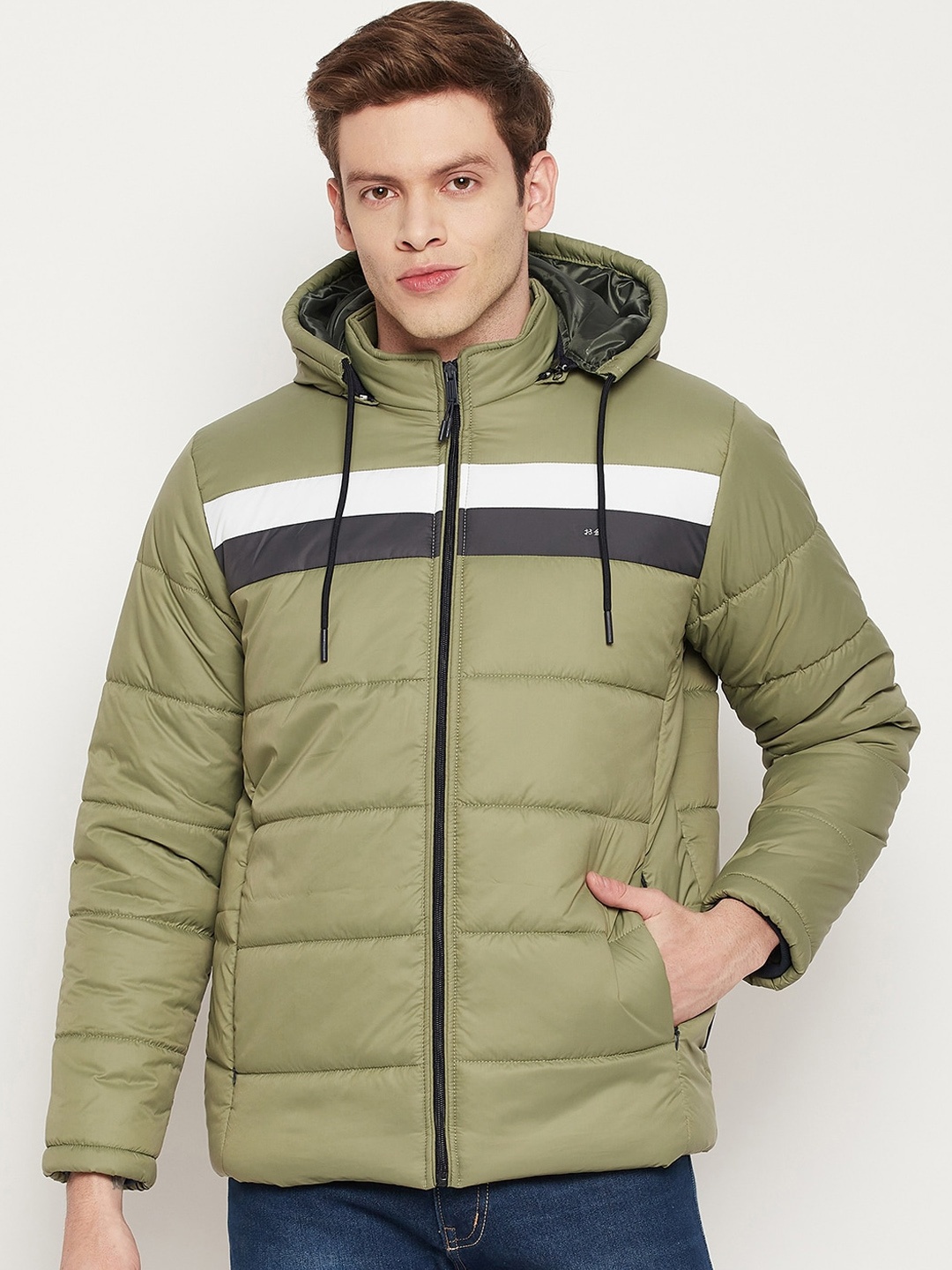 

Okane Men Olive Green Black Colourblocked Lightweight Puffer Jacket