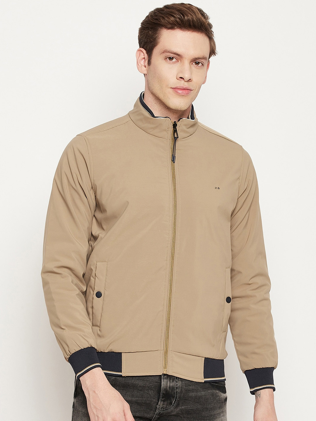 

Okane Men Cream-Coloured Black Reversible Bomber Jacket