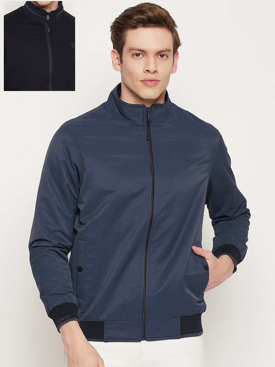 

Okane Men Navy Blue Reversible Bomber Jacket