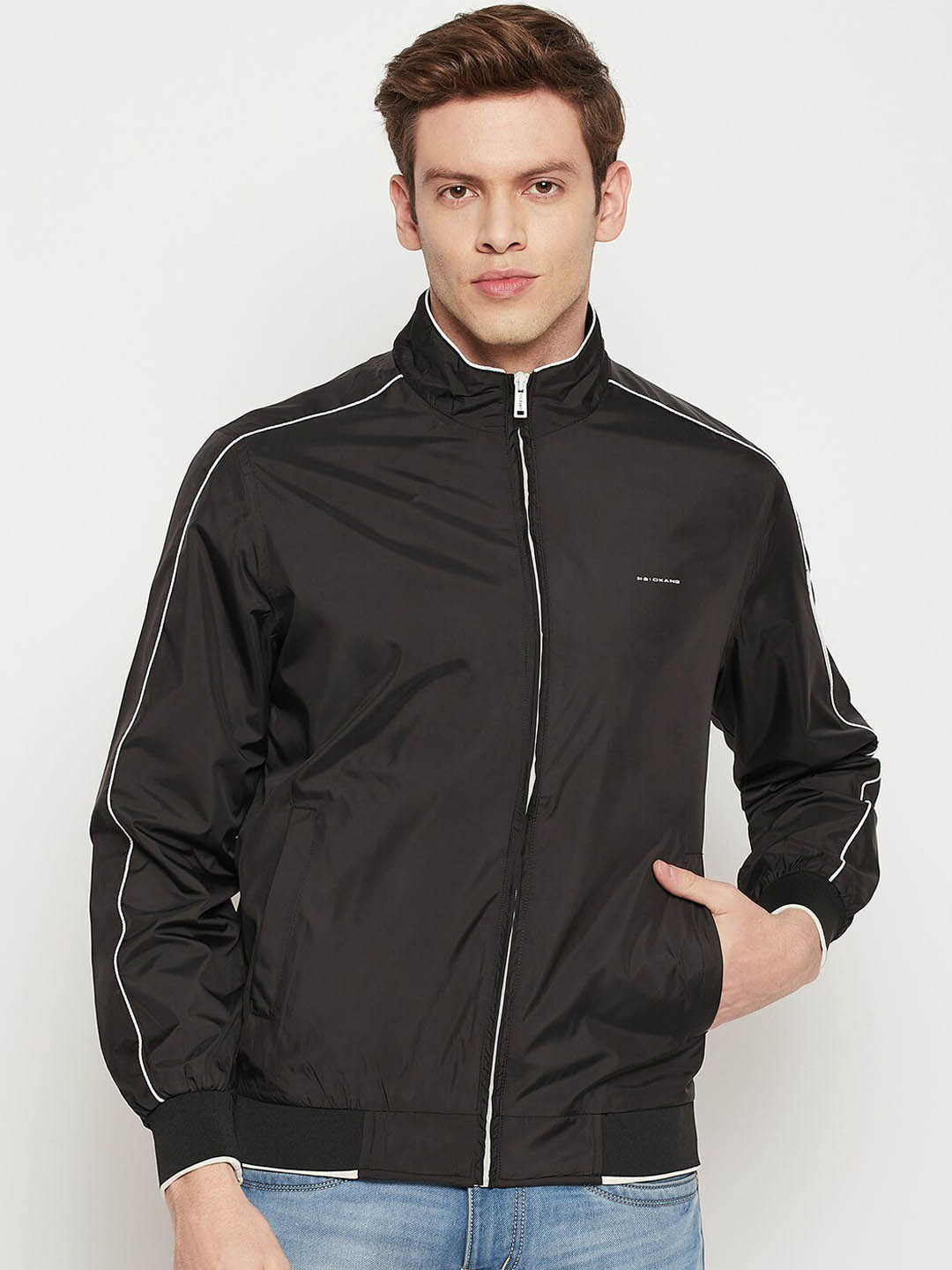 

Okane Men Black Striped Lightweight Bomber Jacket