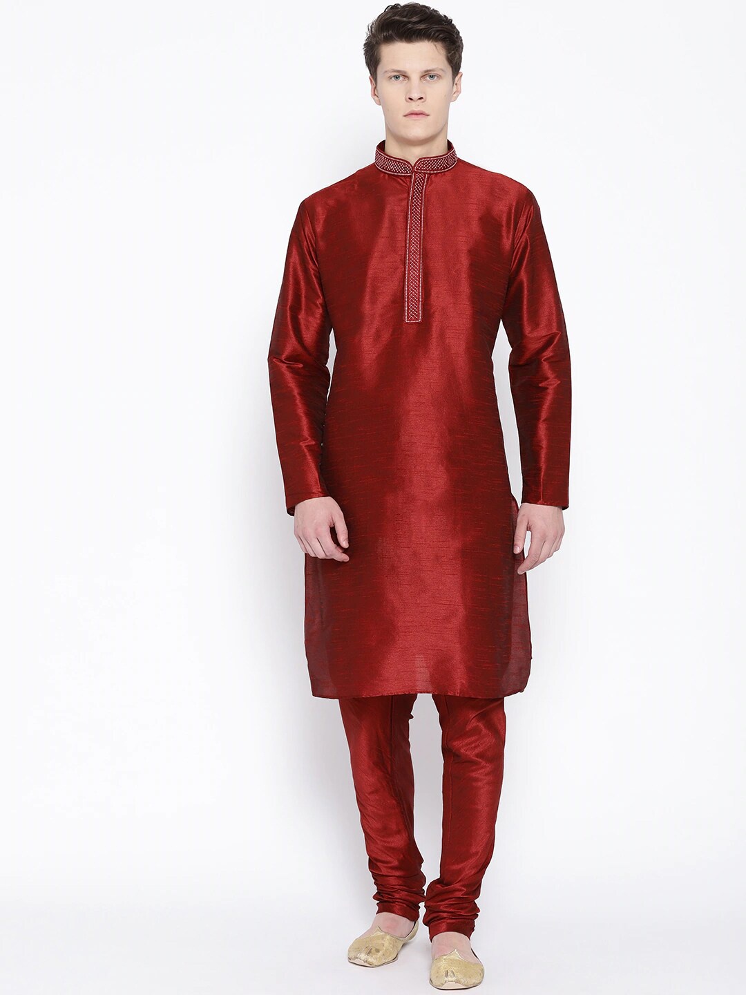 

SG LEMAN Plus Men Thread Work Raw Silk Kurta with Churidar, Maroon