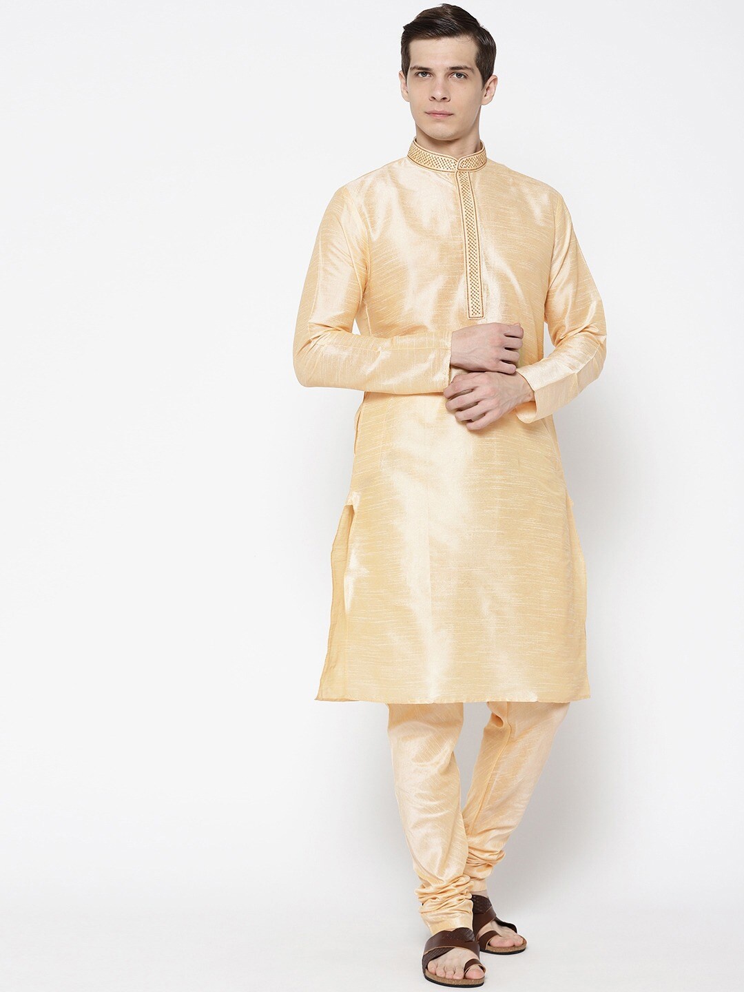 

SG LEMAN Plus Men Thread Work Raw Silk Kurta with Churidar, Beige
