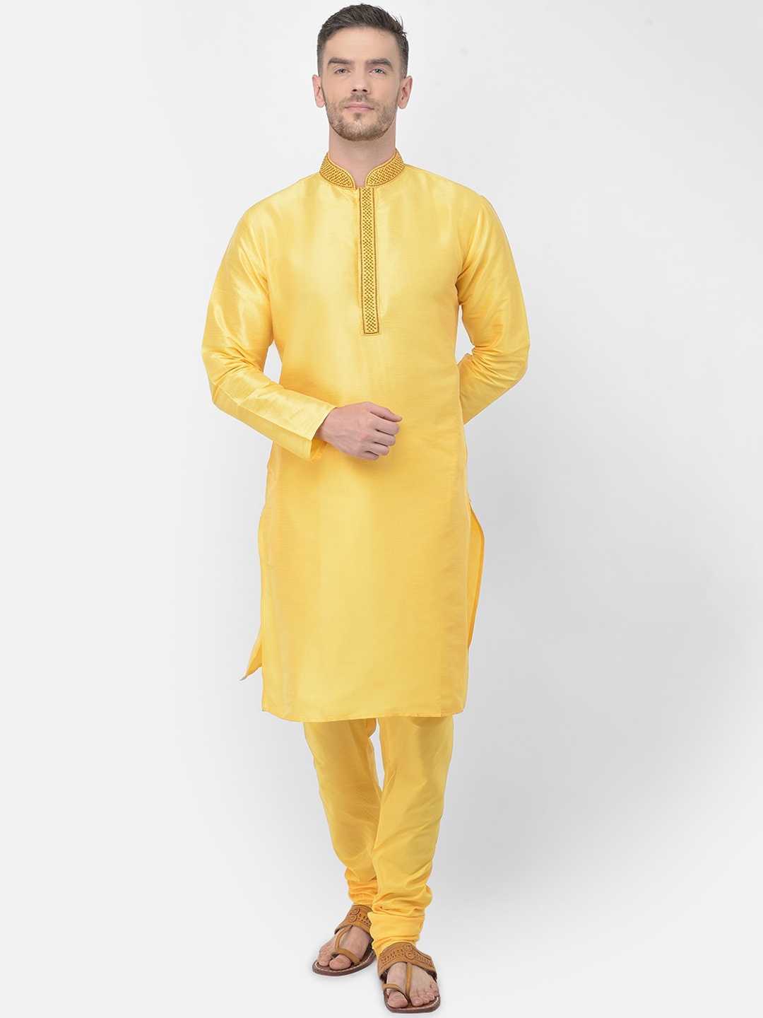 

SG LEMAN Plus Men Thread Work Kurta with Churidar, Yellow