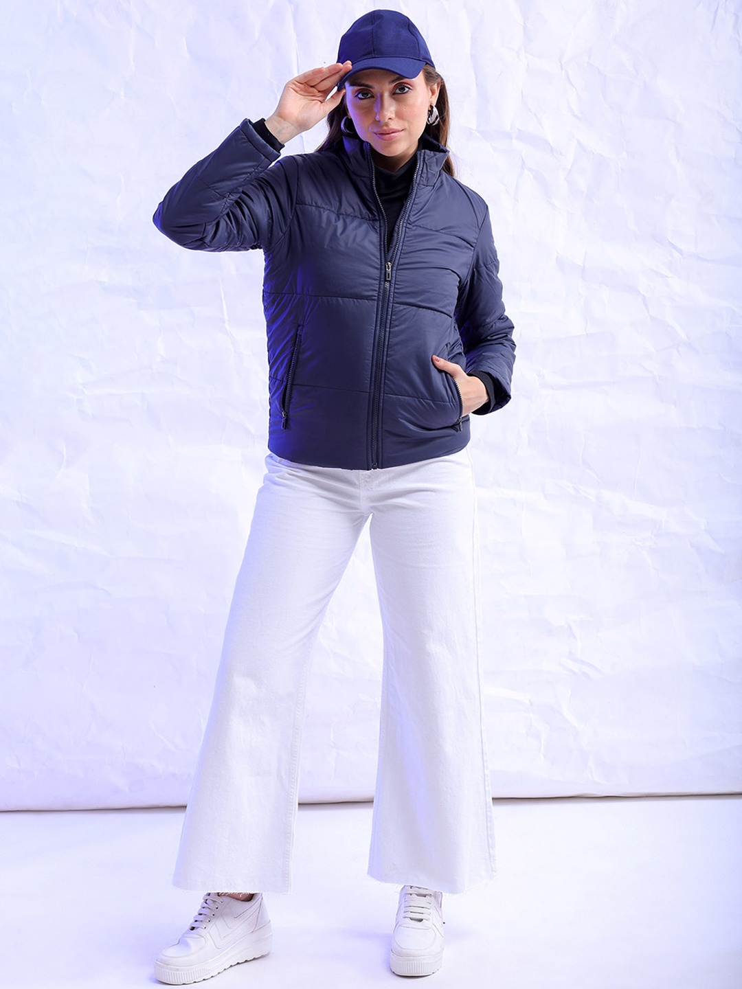 

Freehand by The Indian Garage Co Women Navy Blue Longline Outdoor Padded Jacket