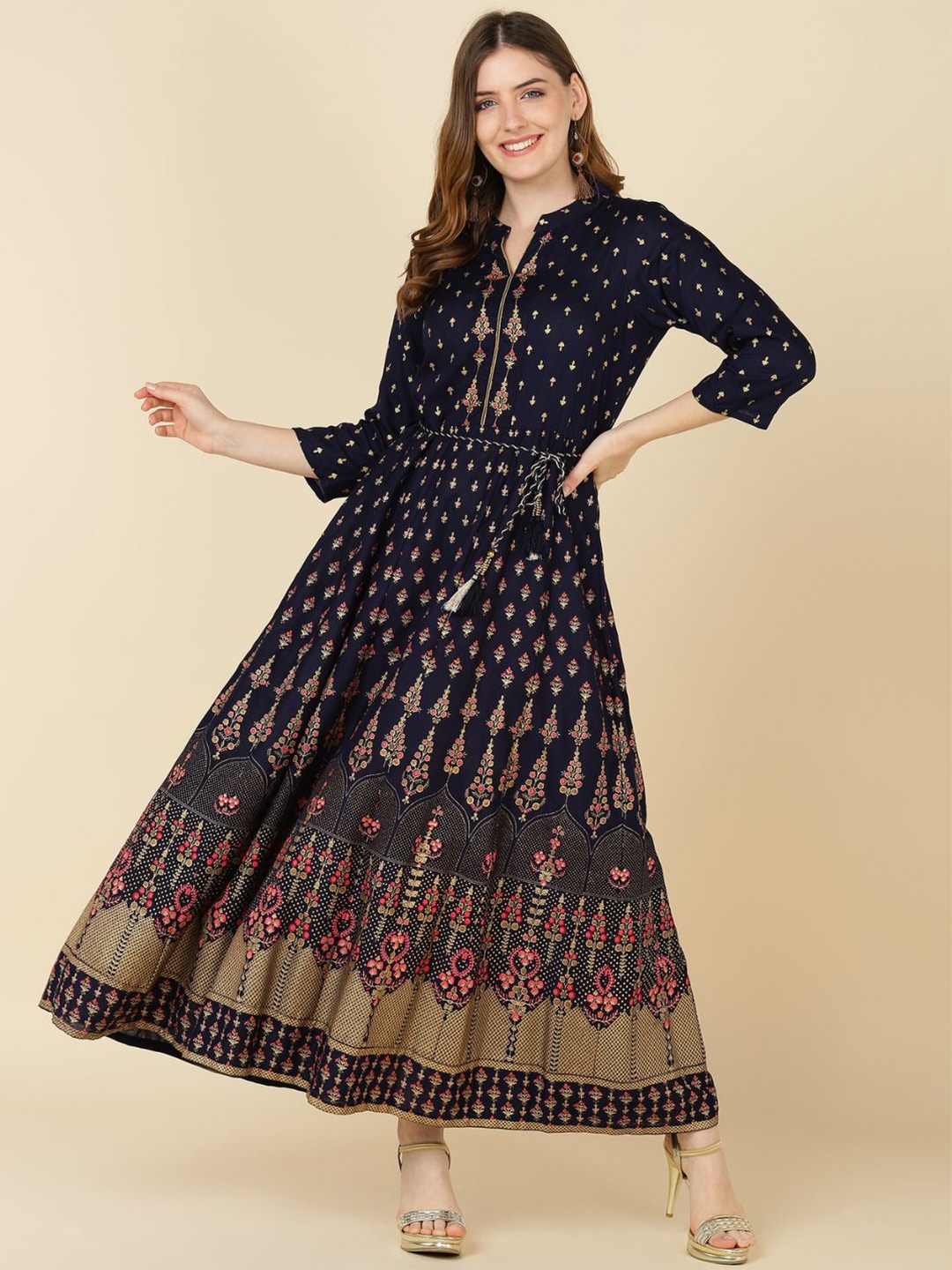 

VEDANA Blue Ethnic Motifs Printed Maxi Dress