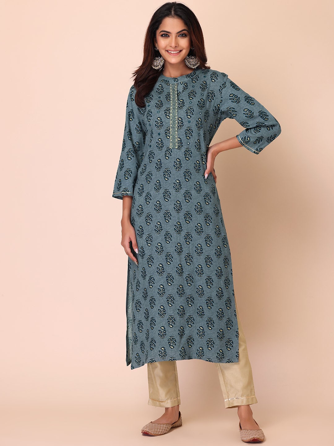 

INDYA Women Floral Printed Kurta, Blue