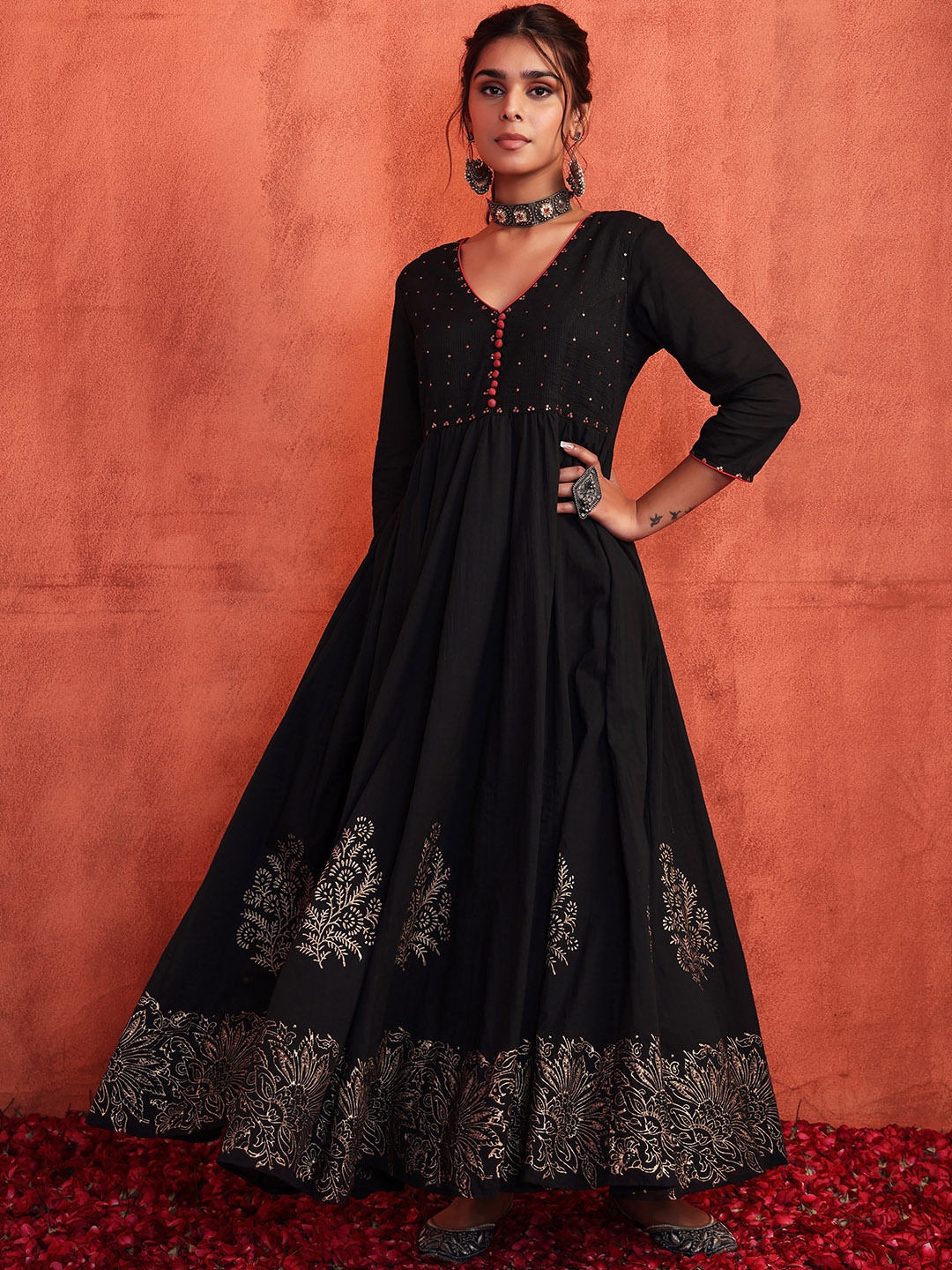 

INDYA Women Ethnic Motifs Printed Anarkali Cotton Kurta, Black