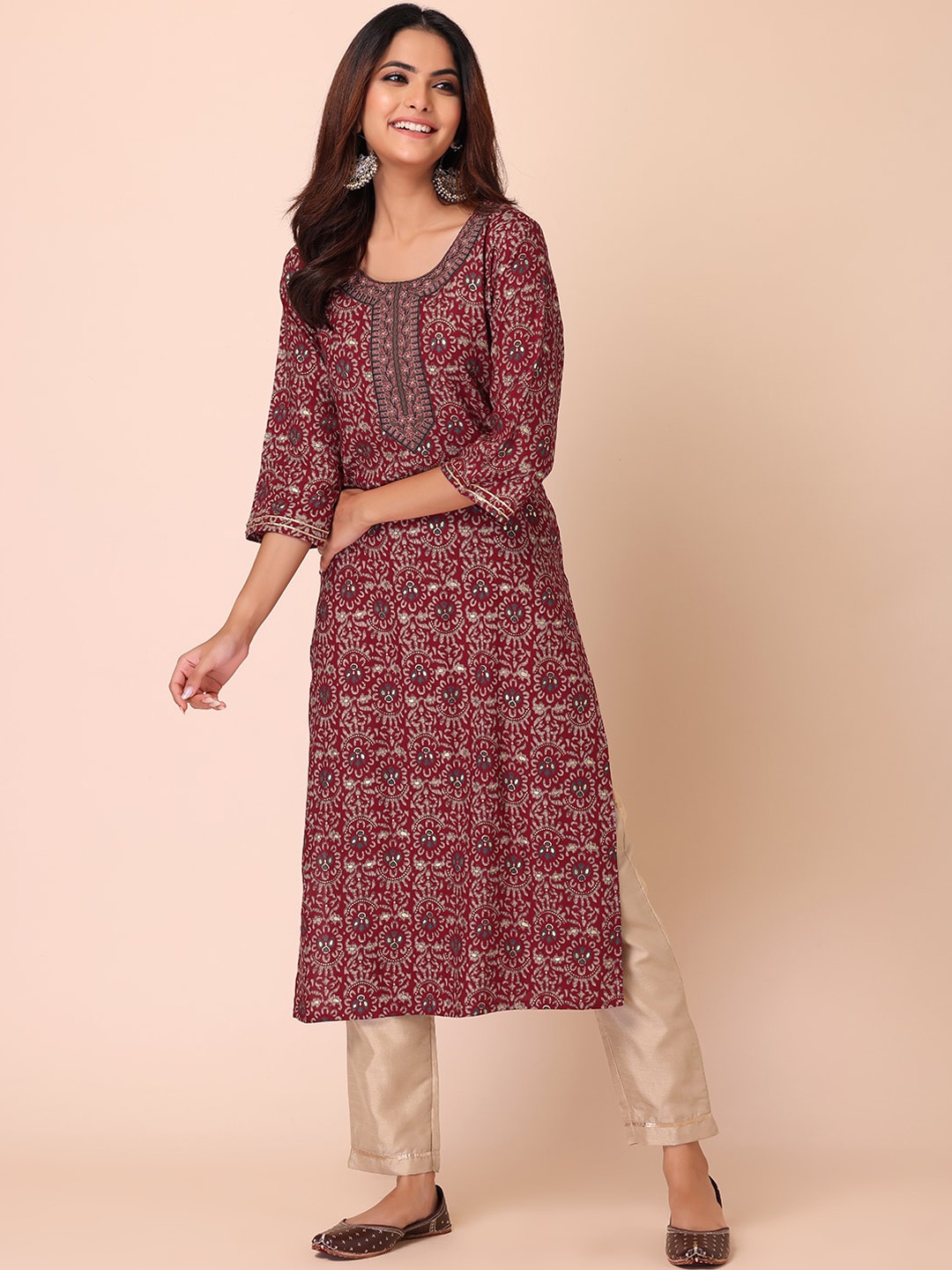 

INDYA Women Ethnic Motifs Printed Kurta, Maroon