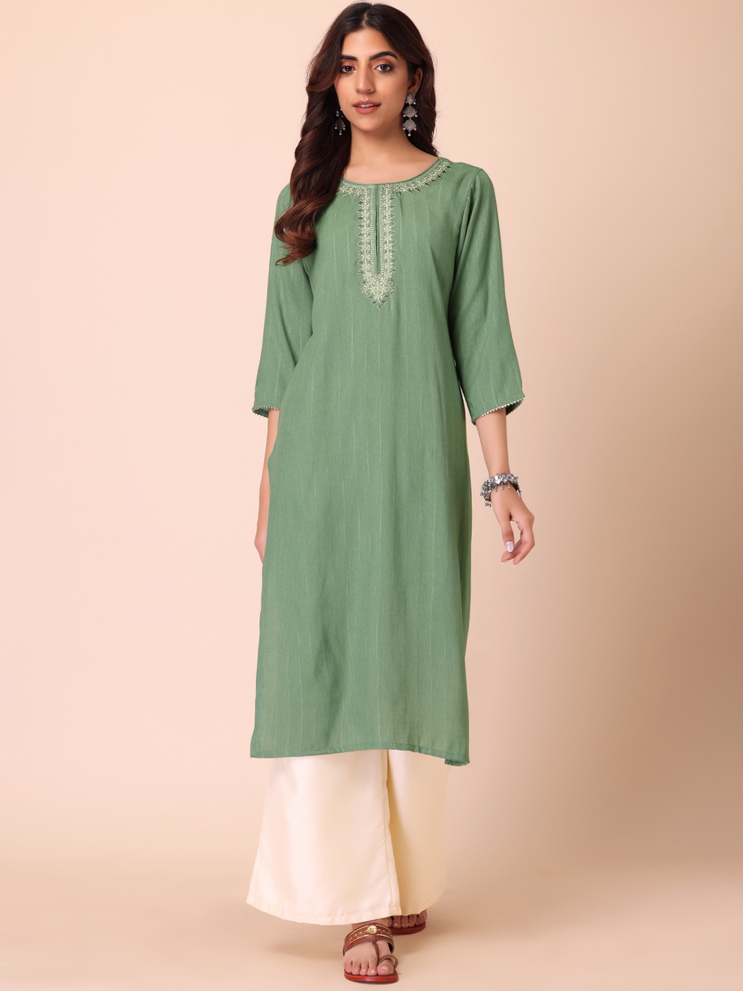 

INDYA Round Neck Embroidered Regular Kurta, Green
