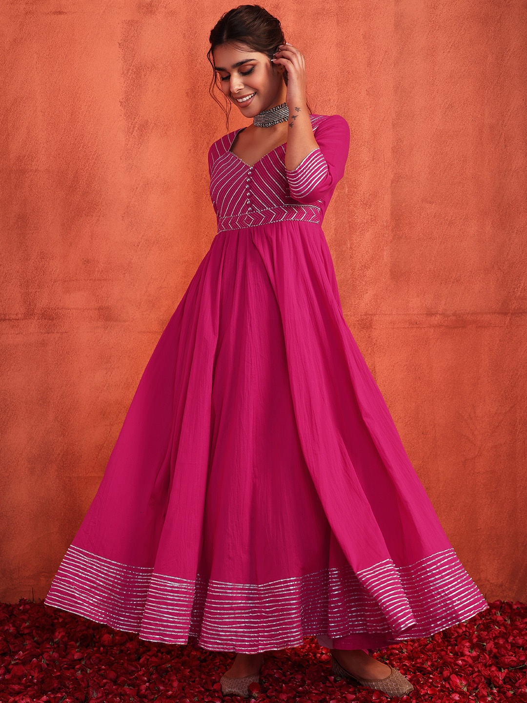 

INDYA Women Yoke Design Thread Work Anarkali Cotton Kurta, Pink