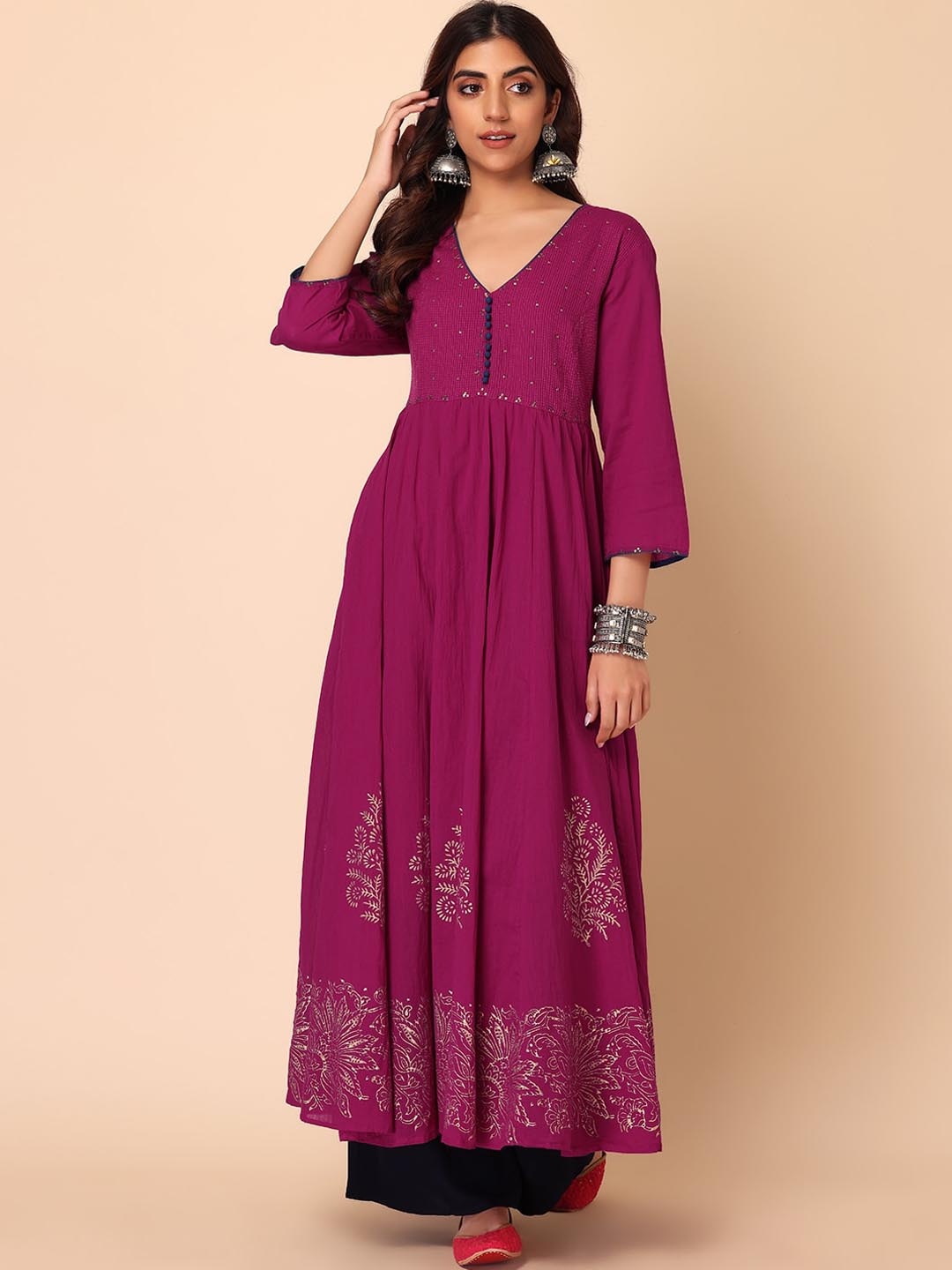 

INDYA Women Ethnic Motifs Printed Thread Work Anarkali Cotton Kurta, Pink