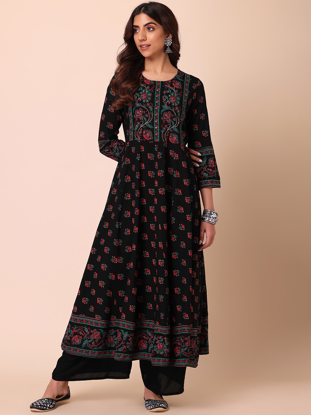 

INDYA Women Floral Printed Mirror Work Anarkali Kurta, Black