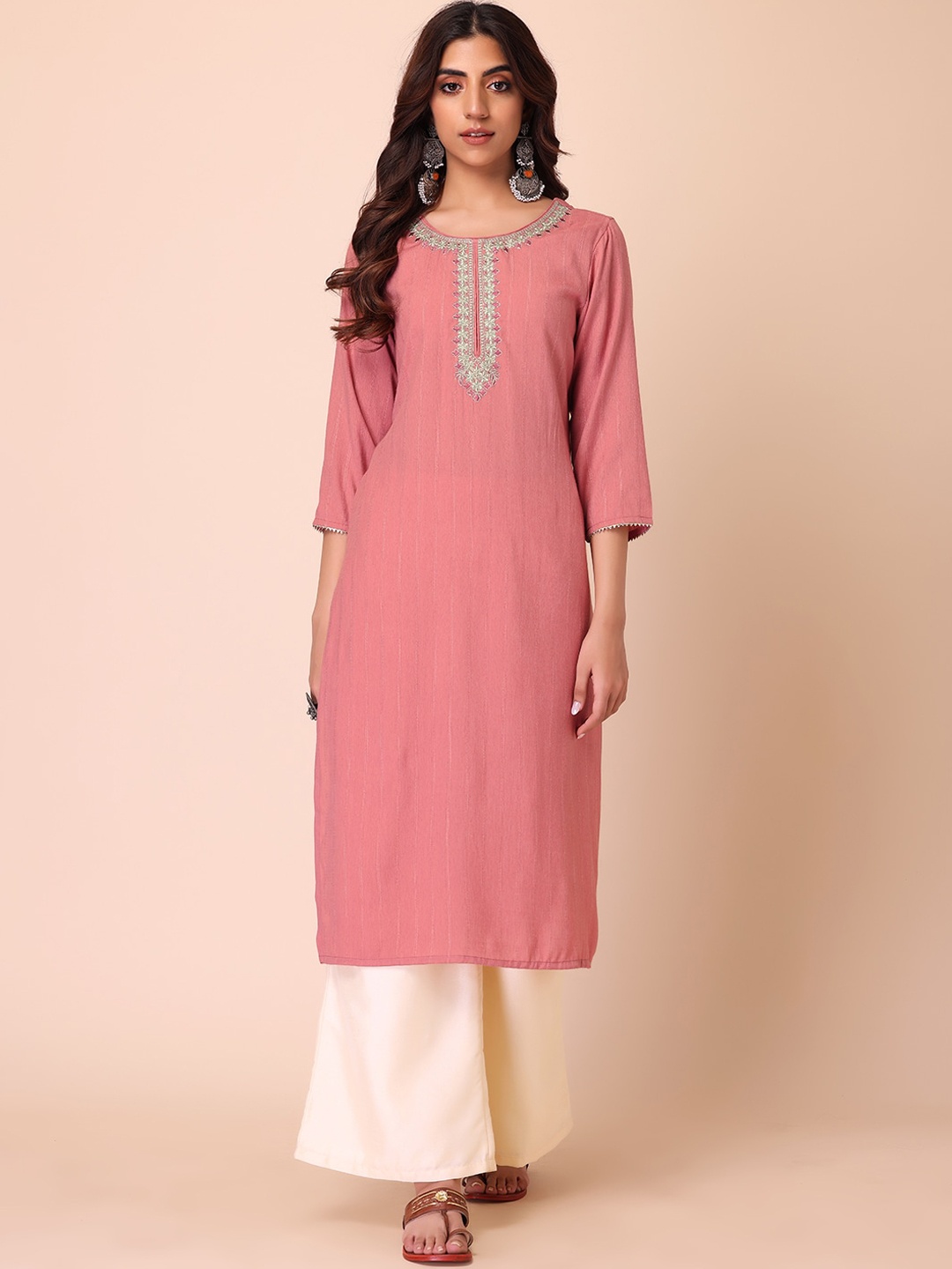 

INDYA Women Yoke Design Thread Work Kurta, Peach