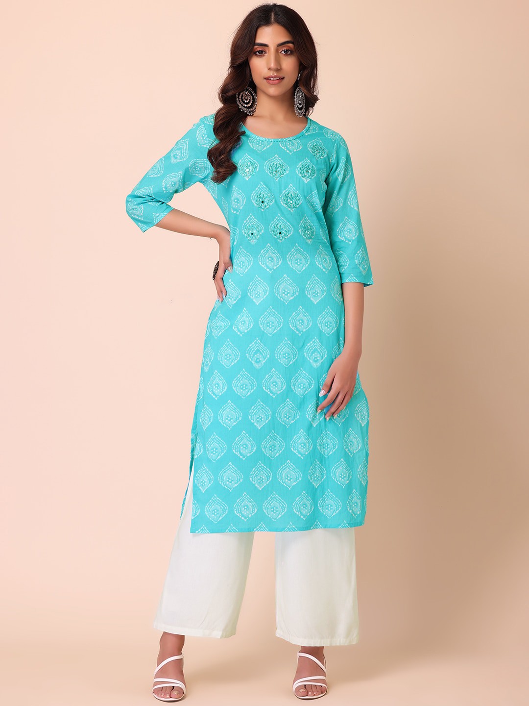 

INDYA Women Turquoise Blue Ethnic Motifs Printed Mirror Work Cotton Kurta