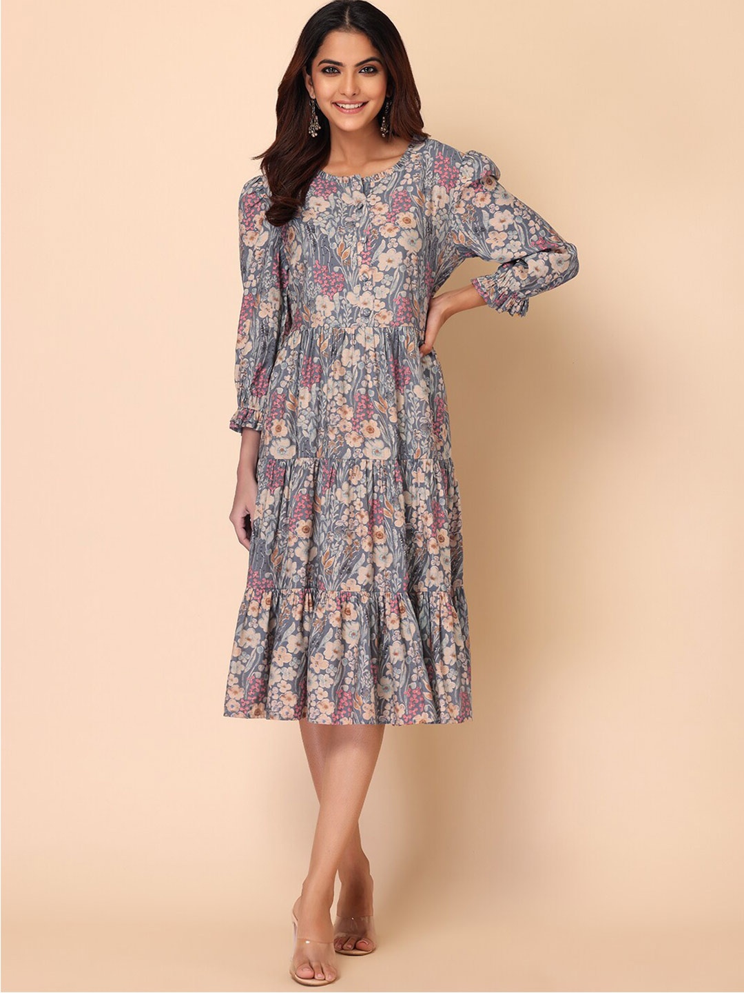 

INDYA Grey & Beige Floral Ethnic A-Line Midi Dress