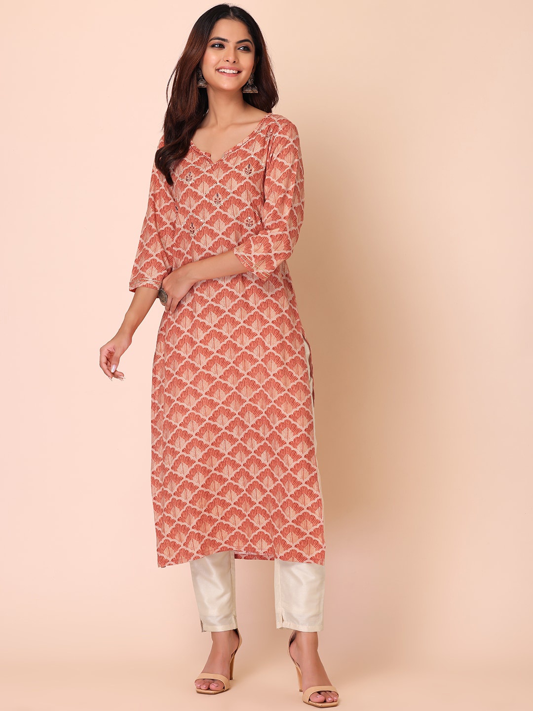 

INDYA Women Ethnic Motifs Printed Floral Kurta, Peach