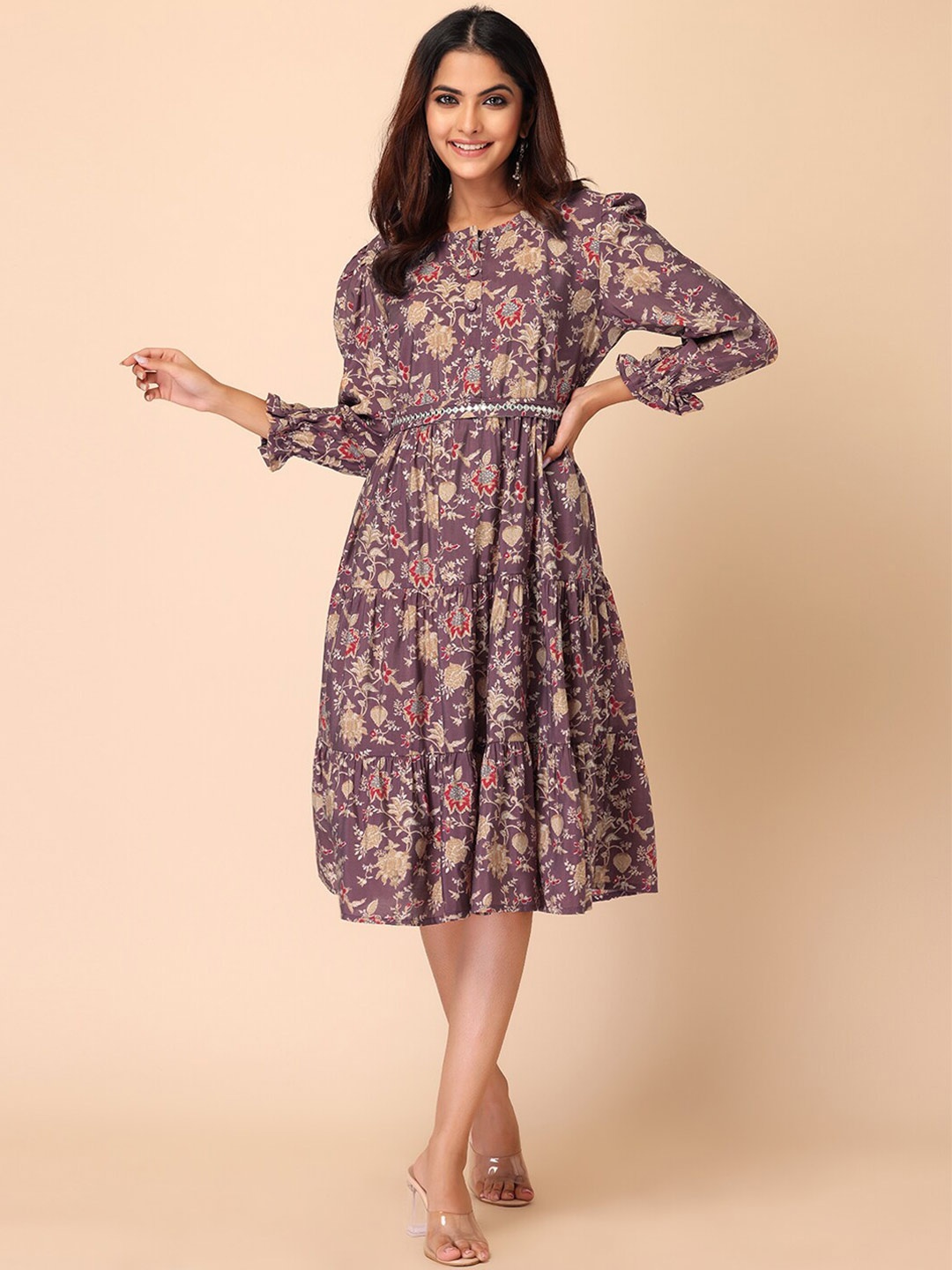 

INDYA Brown Floral Ethnic Dress