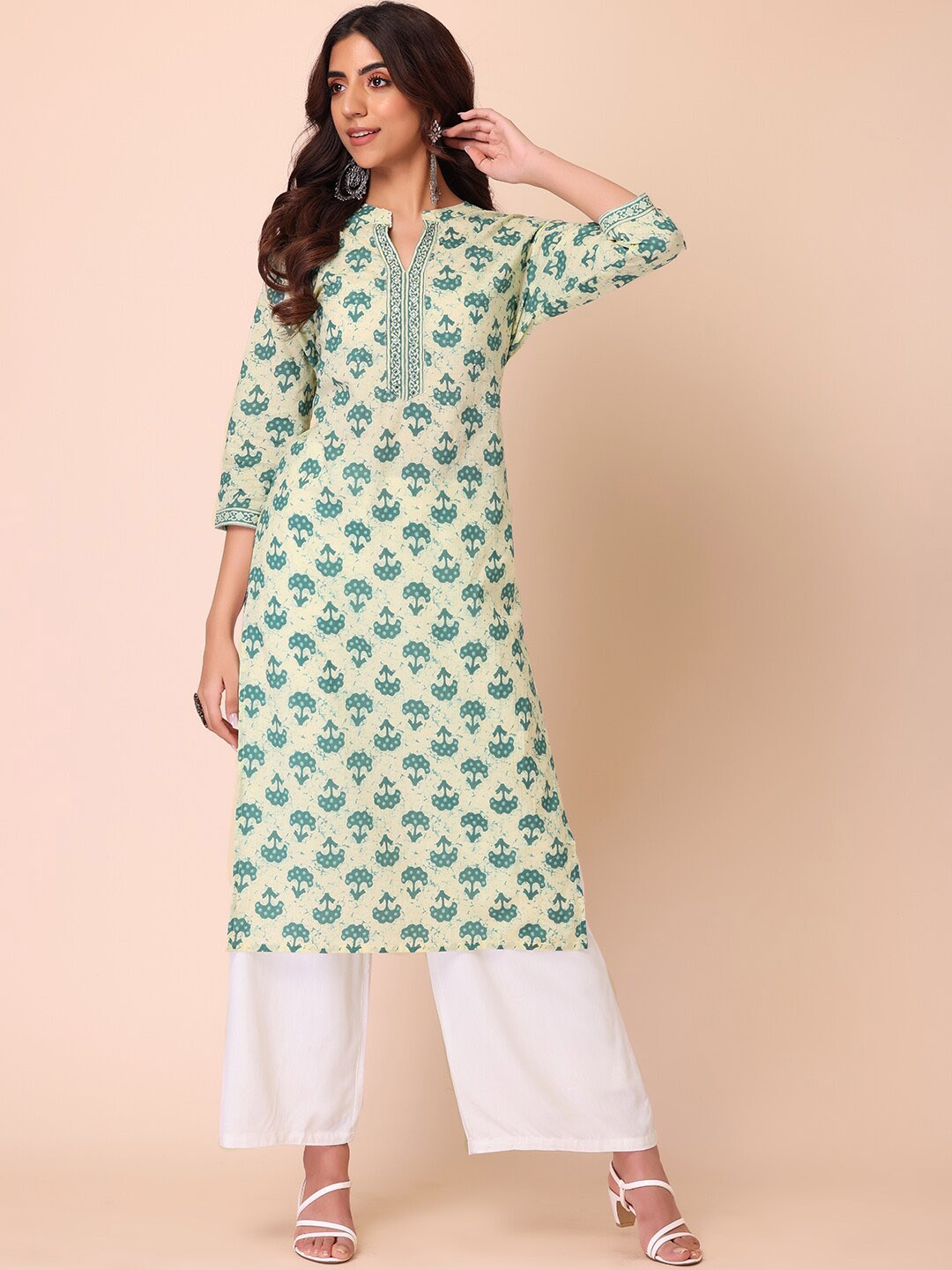 

INDYA Women Printed Cotton Kurta, Beige