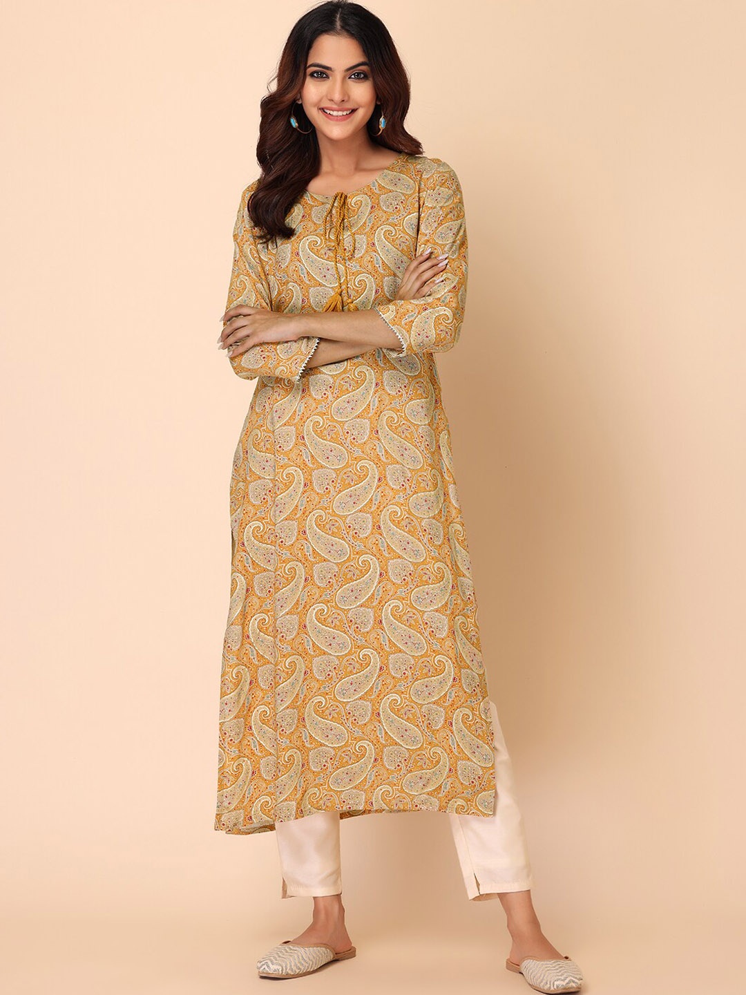 

INDYA Women Paisley Printed Kurta, Mustard