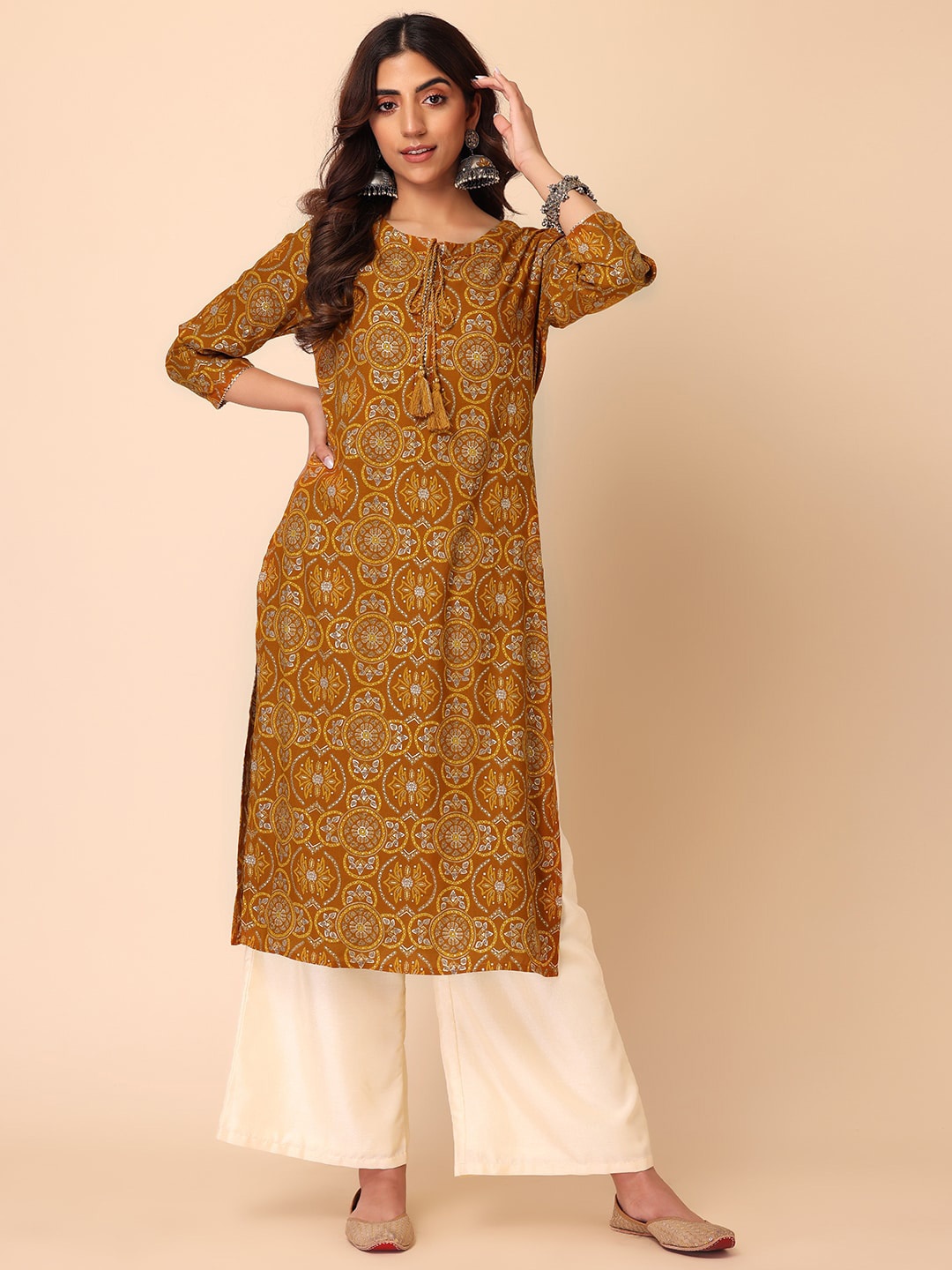 

INDYA Ethnic Motifs Printed Thread Work Kurta, Coffee brown