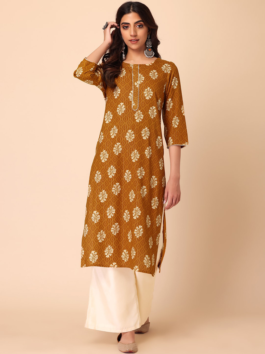 

INDYA Women Floral Printed Kurta, Camel brown