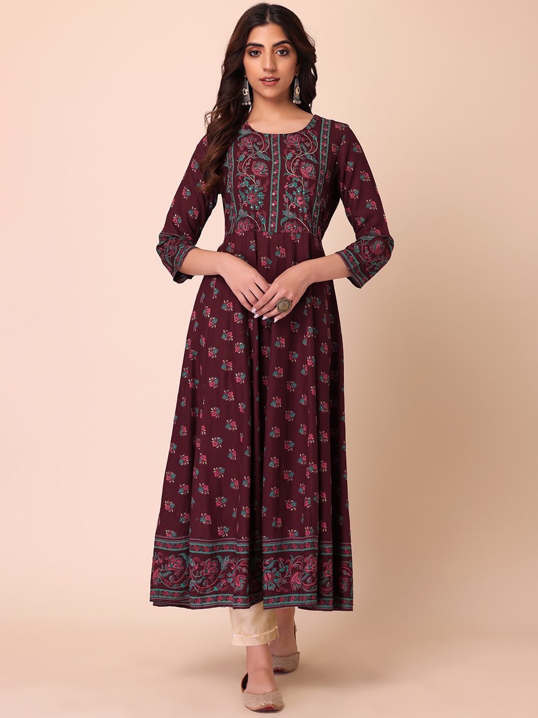 

INDYA Women Floral Printed Anarkali Kurta, Maroon