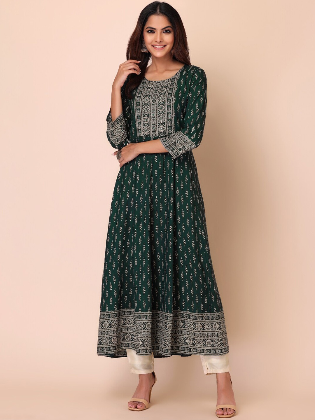 

INDYA Women Ethnic Motifs Printed Anarkali Kurta, Green