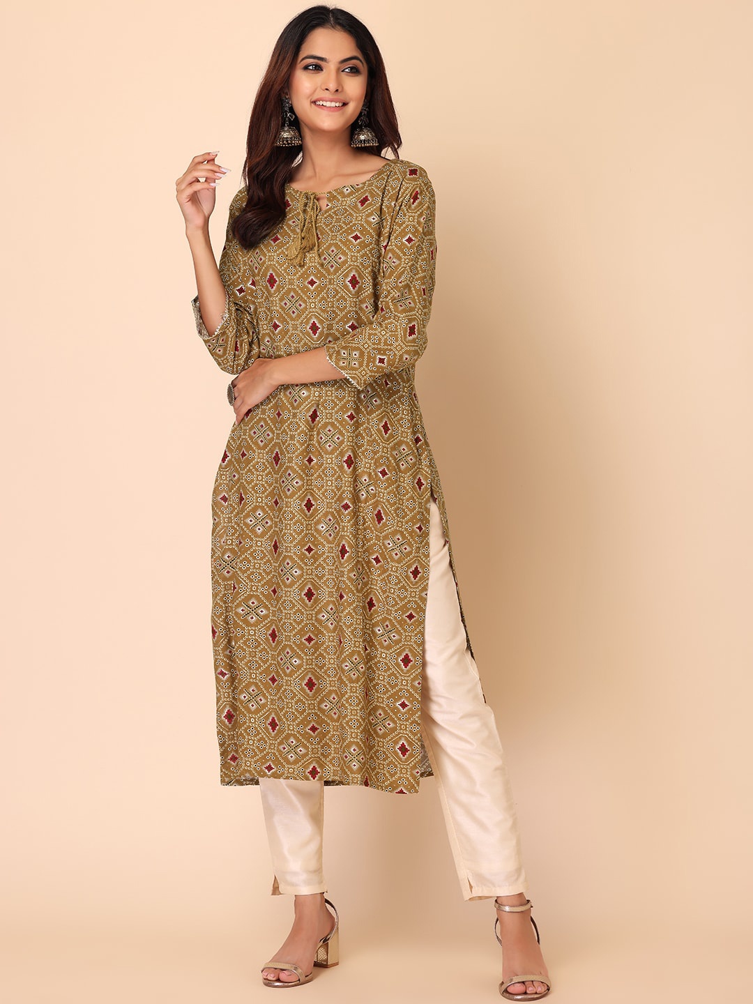 

INDYA Bandhani Printed Keyhole Neck Kurta, Mustard