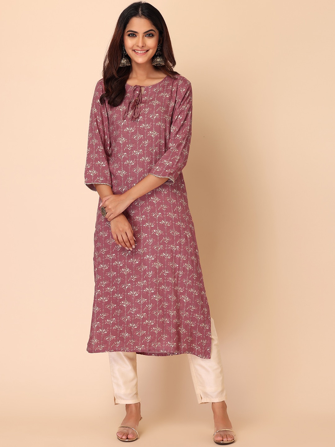 

INDYA Paisley Printed Keyhole Neck Gotta Patti Kurta, Mauve