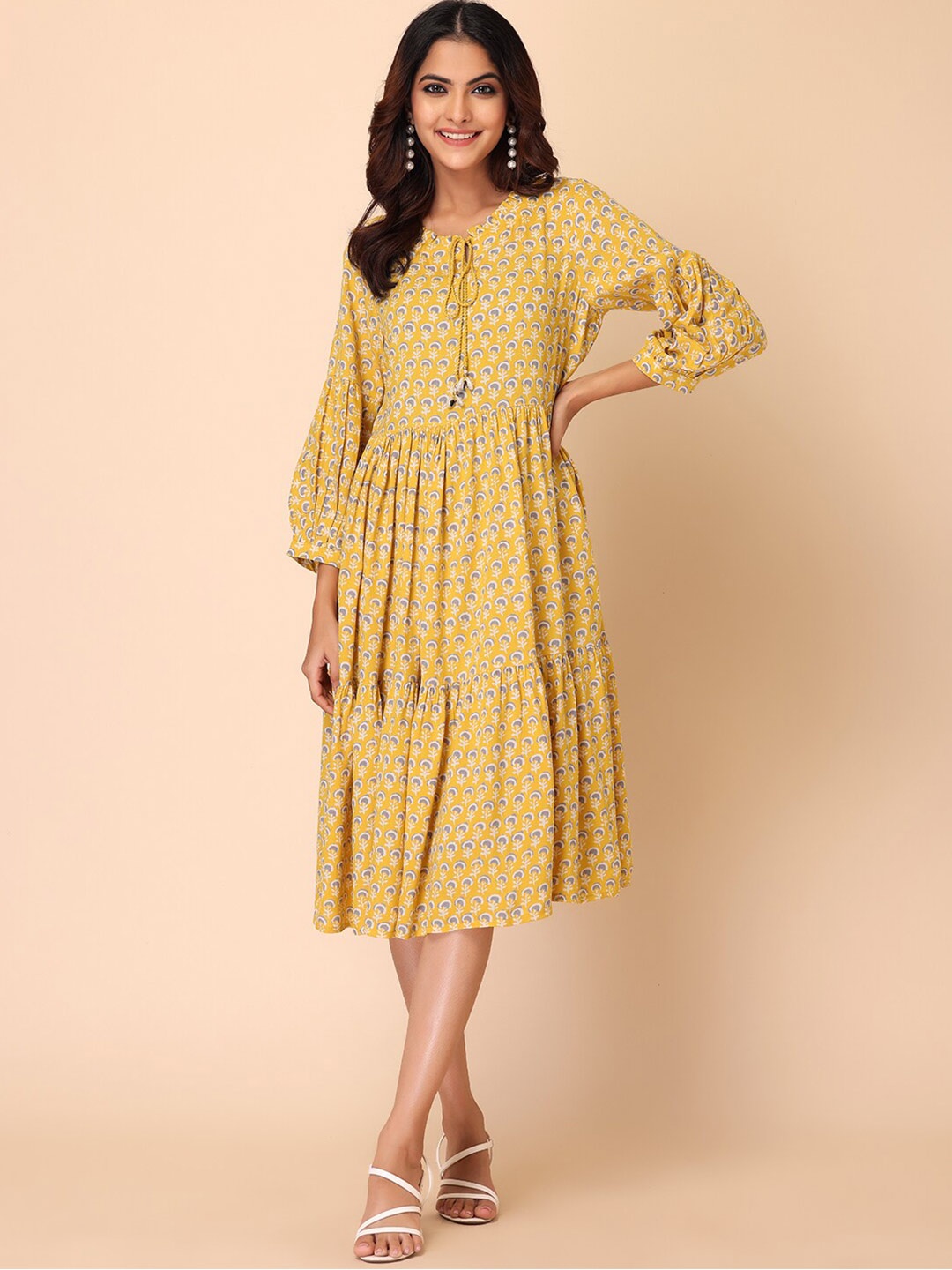 

INDYA Yellow Floral Keyhole Neck Ethnic Midi Dress