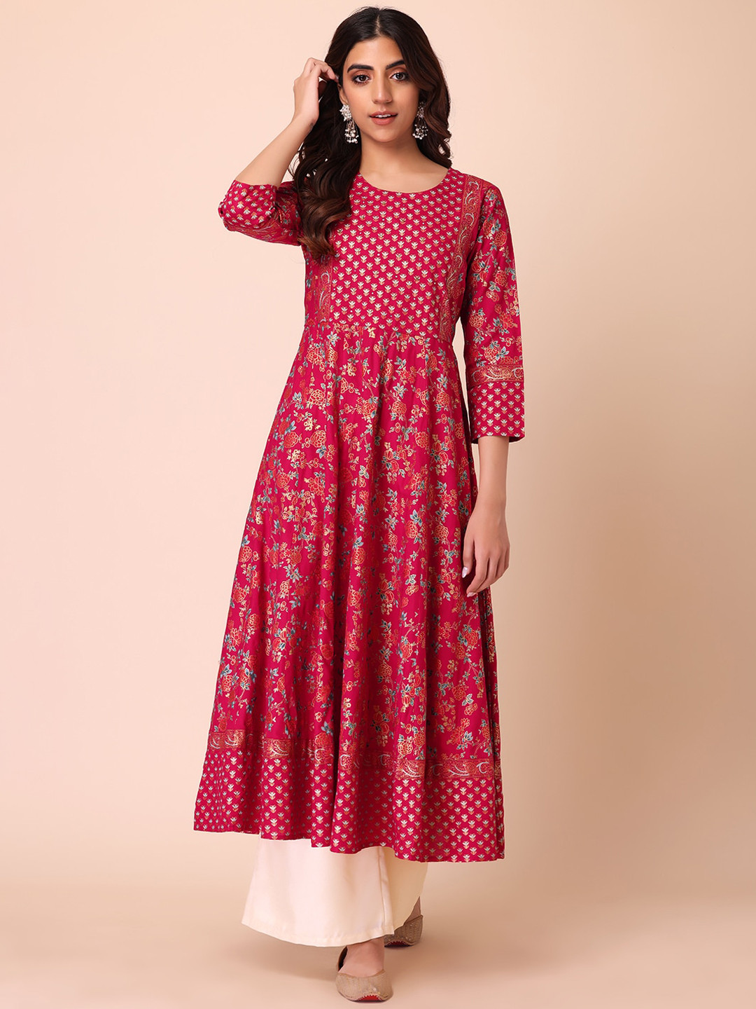 

INDYA Floral Printed Floral Anarkali Kurta, Red