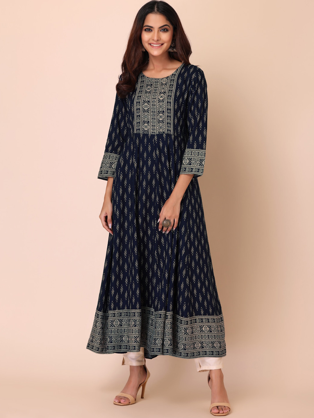 

INDYA Ethnic Motifs Printed Indigo Anarkali Kurta, Navy blue