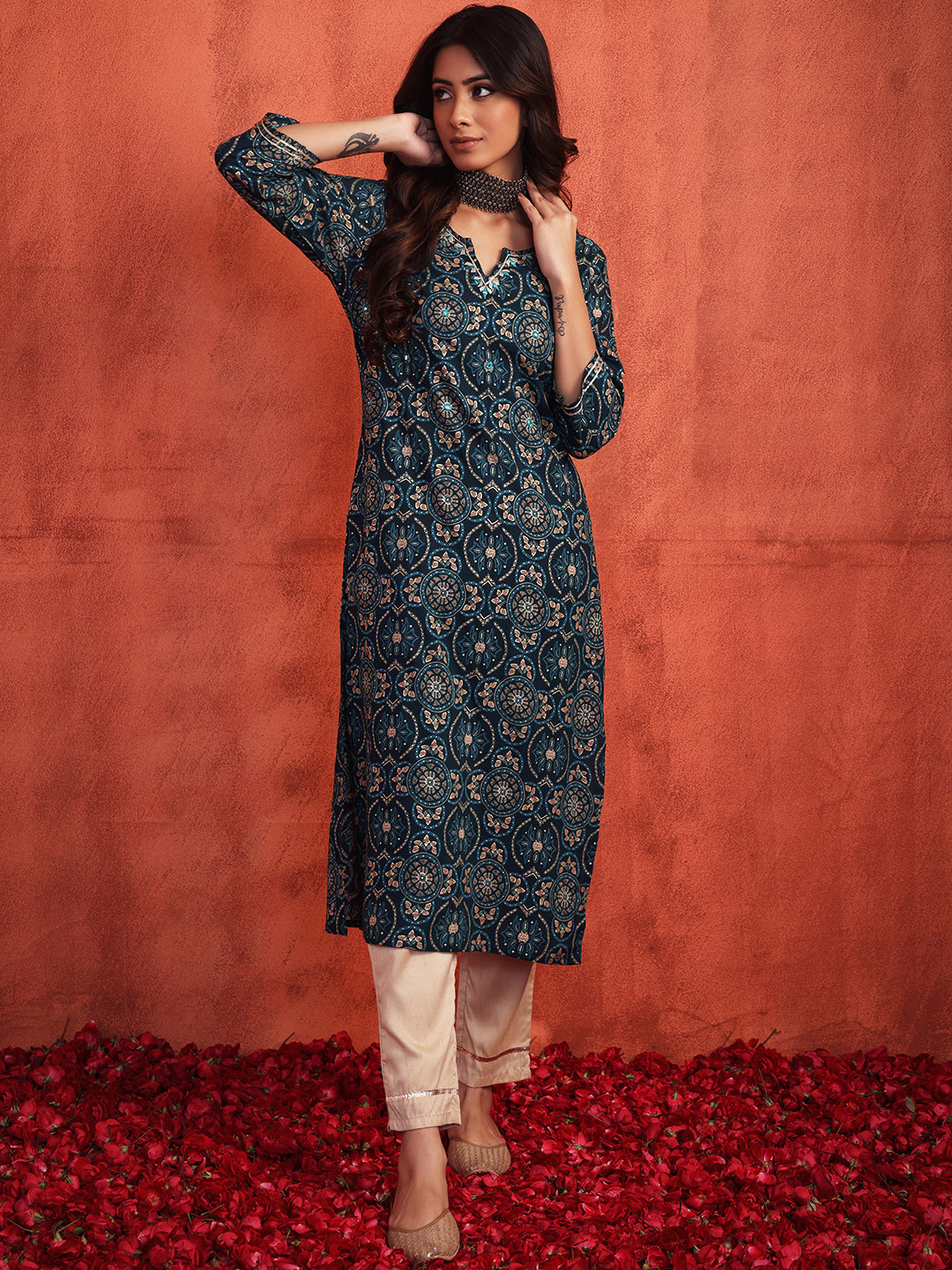 

INDYA Women Teal Ethnic Motifs Printed Kurta