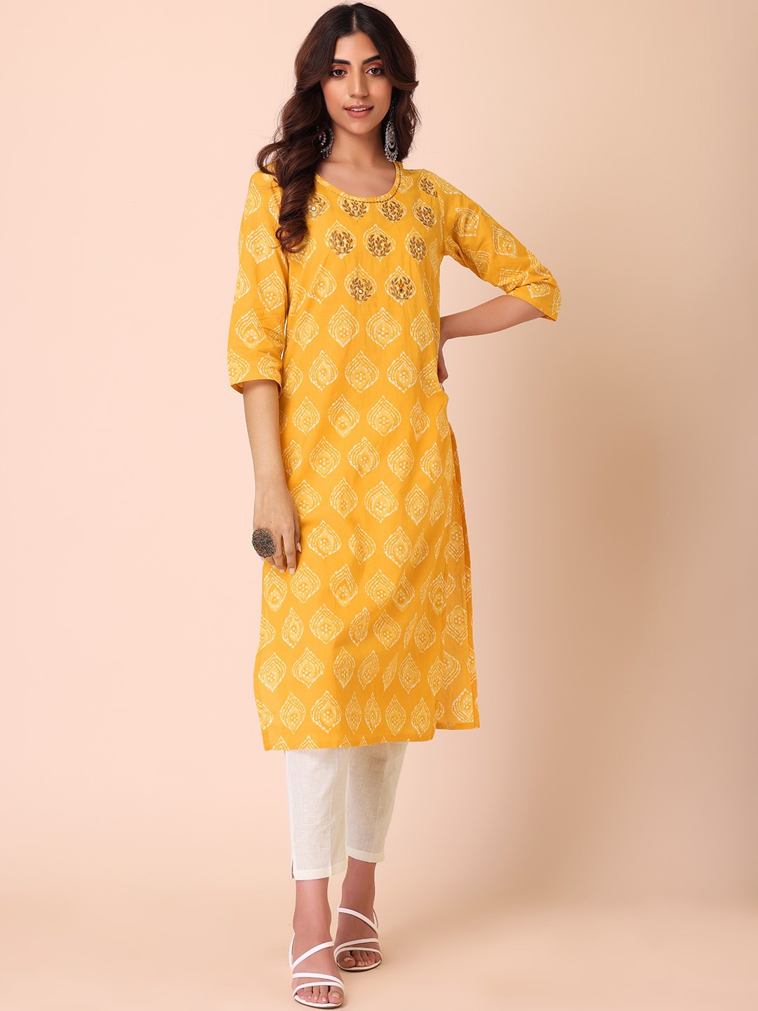 

INDYA Women Yellow Ethnic Motifs Batik Printed Thread Work Cotton Kurta