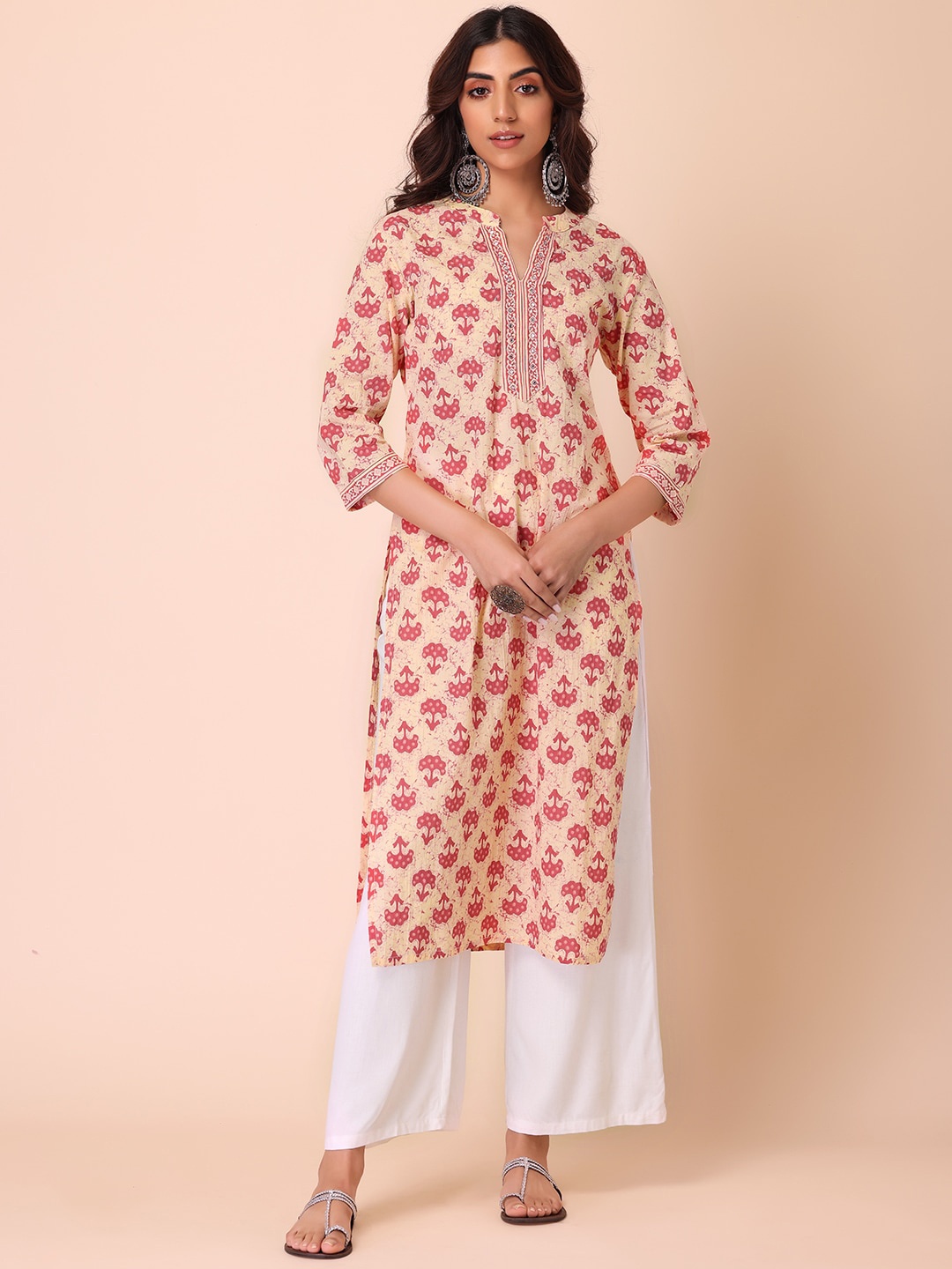 

INDYA Floral Printed Mirror Work Floral Cotton Kurta, Beige