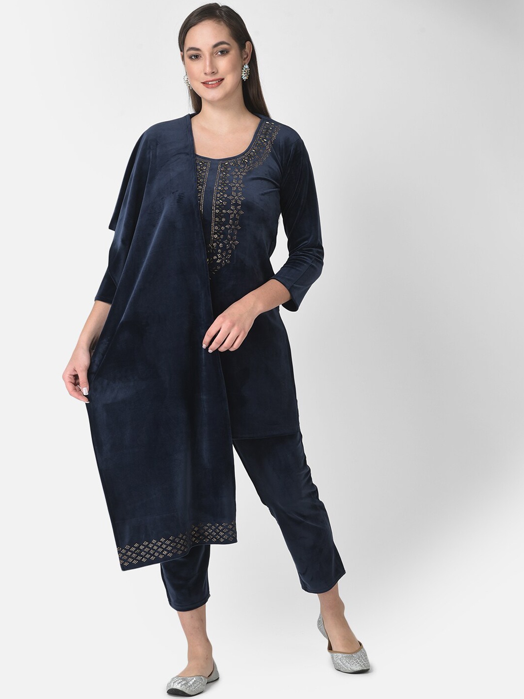 

FNOCKS Mukaish Velvet Kurta with Trousers & With Dupatta, Navy blue