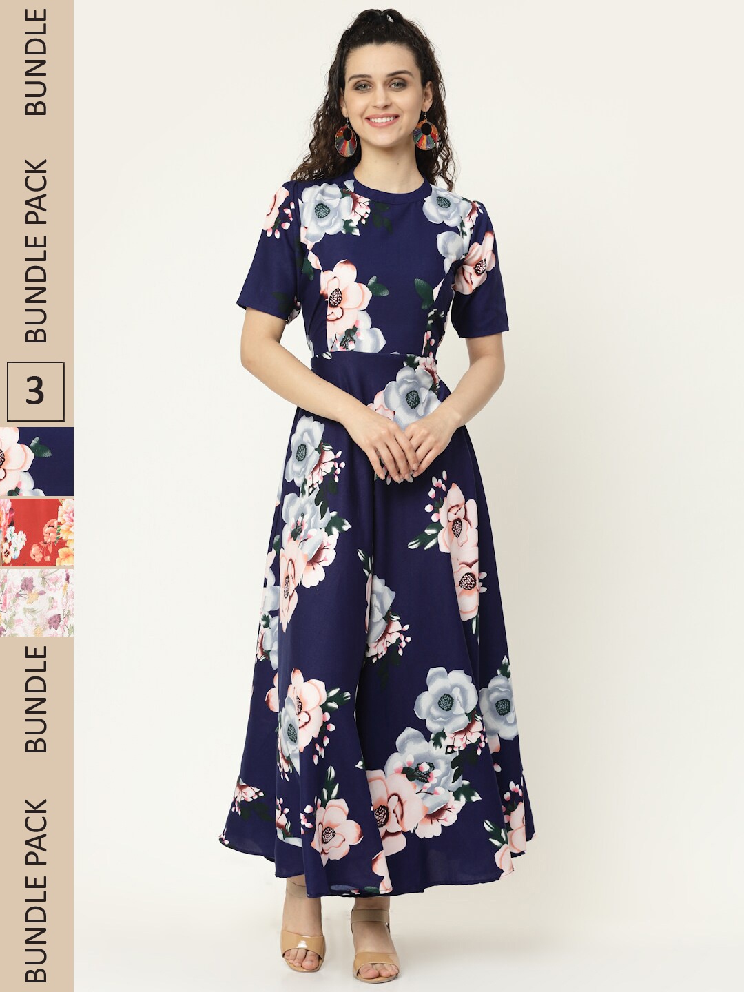 

MISS AYSE Red & Navy Blue Floral Crepe Ethnic Maxi Dress