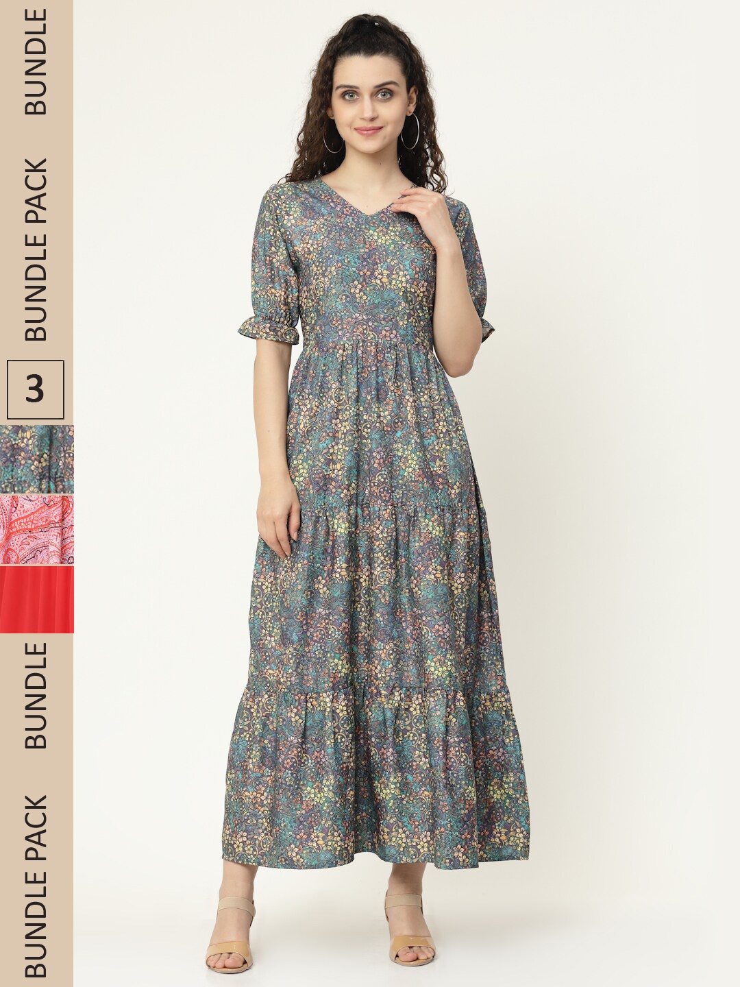 

MISS AYSE Green & Pink Floral Crepe Ethnic Maxi Dress