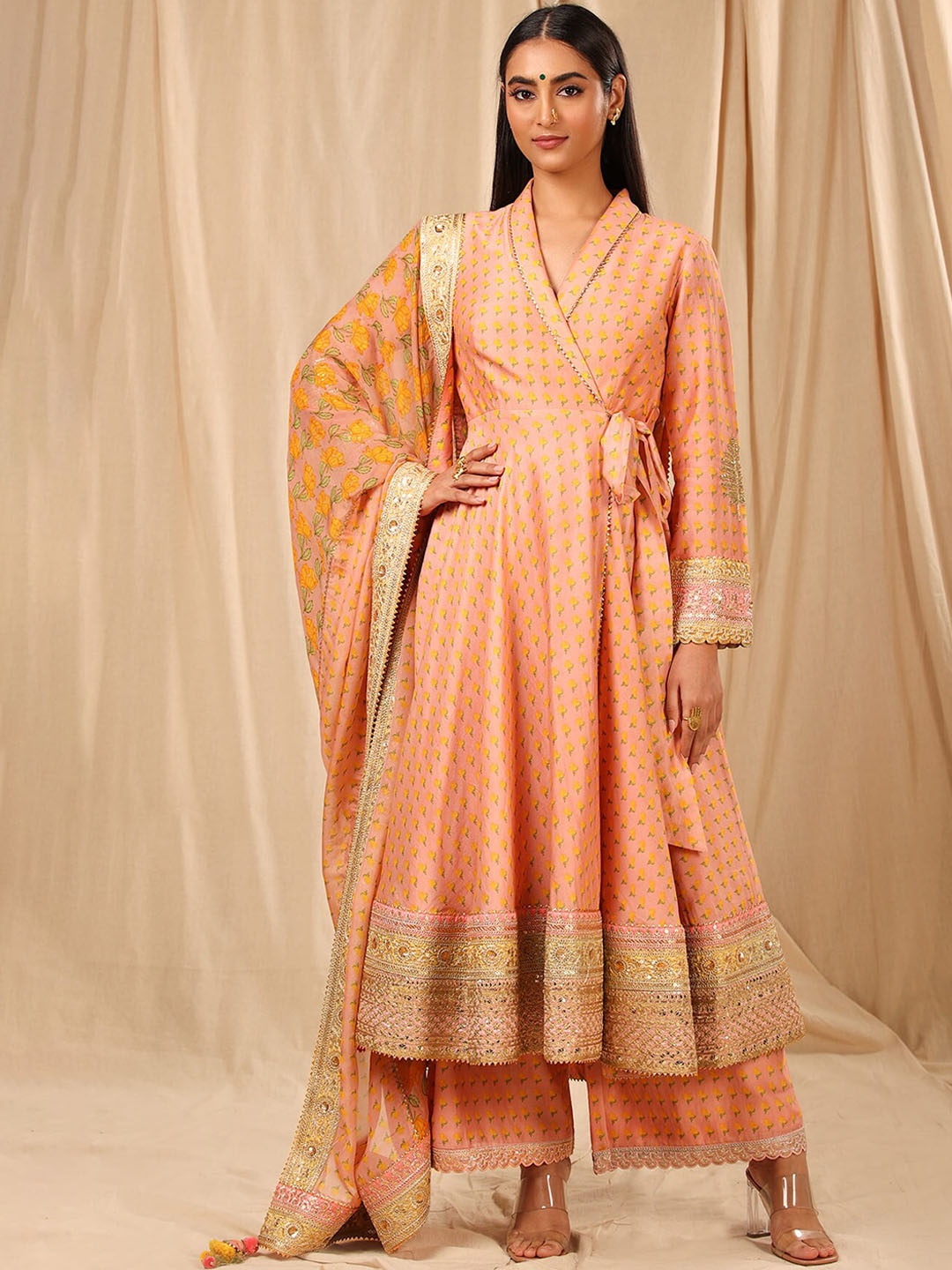 

Masaba Floral Printed Angrakha Kurta with Palazzos & Dupatta, Peach
