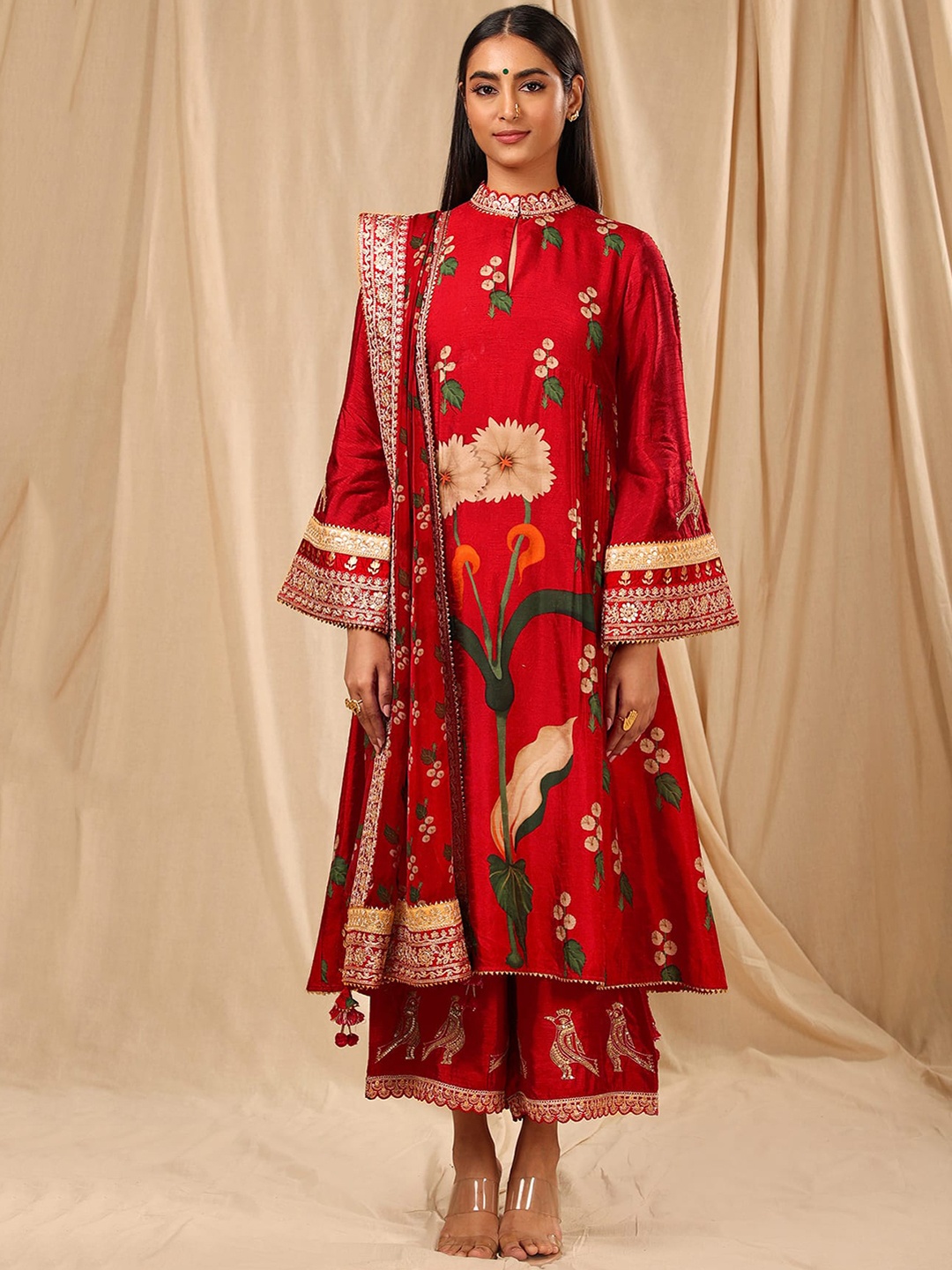 

Masaba Floral Printed Kurta with Palazzos & Dupatta, Red