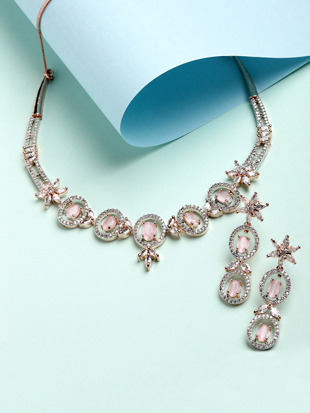 

KARATCART CZ Stone-Studded Floral Design Jewellery Set, Rose gold