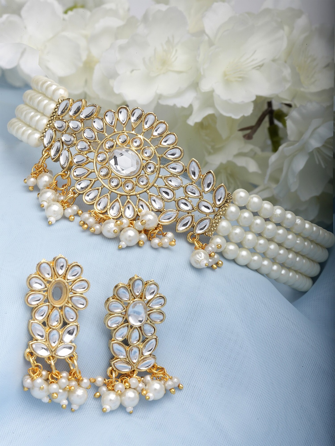 

KARATCART Pearl Beaded & Kundan-Studded Jewellery Set, Gold