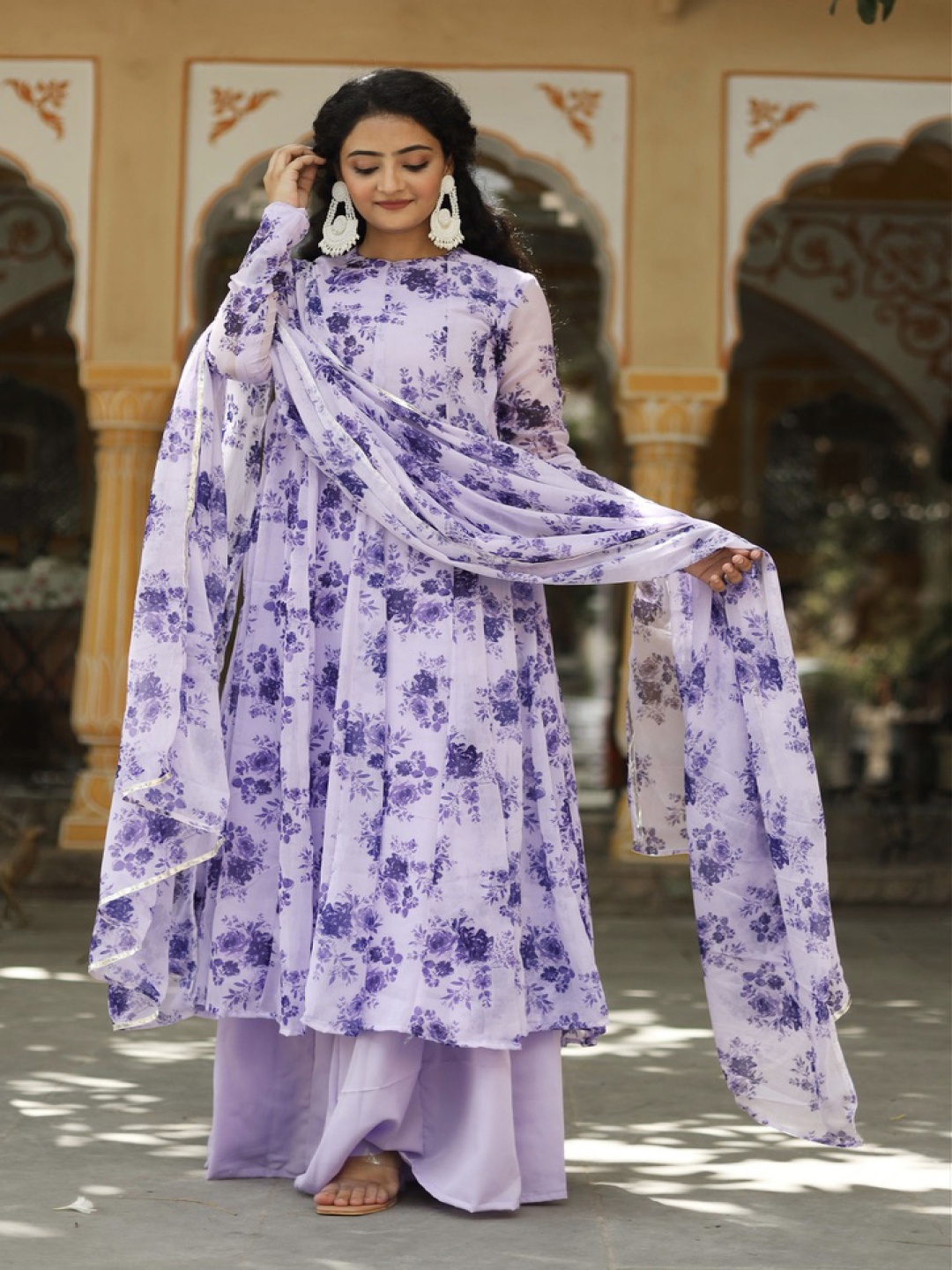 

OneWe Women Floral Printed Pleated Kurta with Sharara & Dupatta, Violet