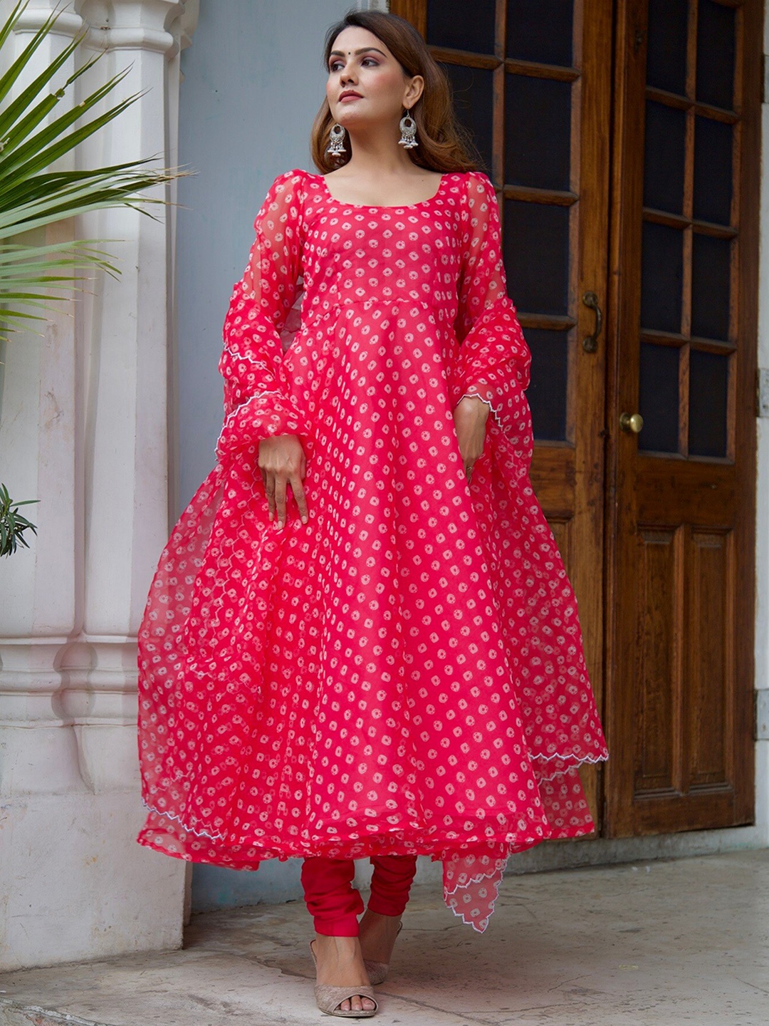 

OneWe Women Bandhani Printed Flared Anarkali Kurta with Churidar & Dupatta, Pink