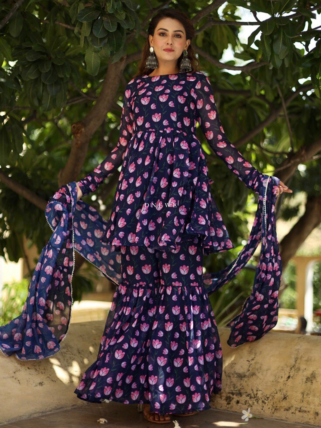 

OneWe Women Floral Printed Empire Kurti with Sharara & Dupatta, Navy blue