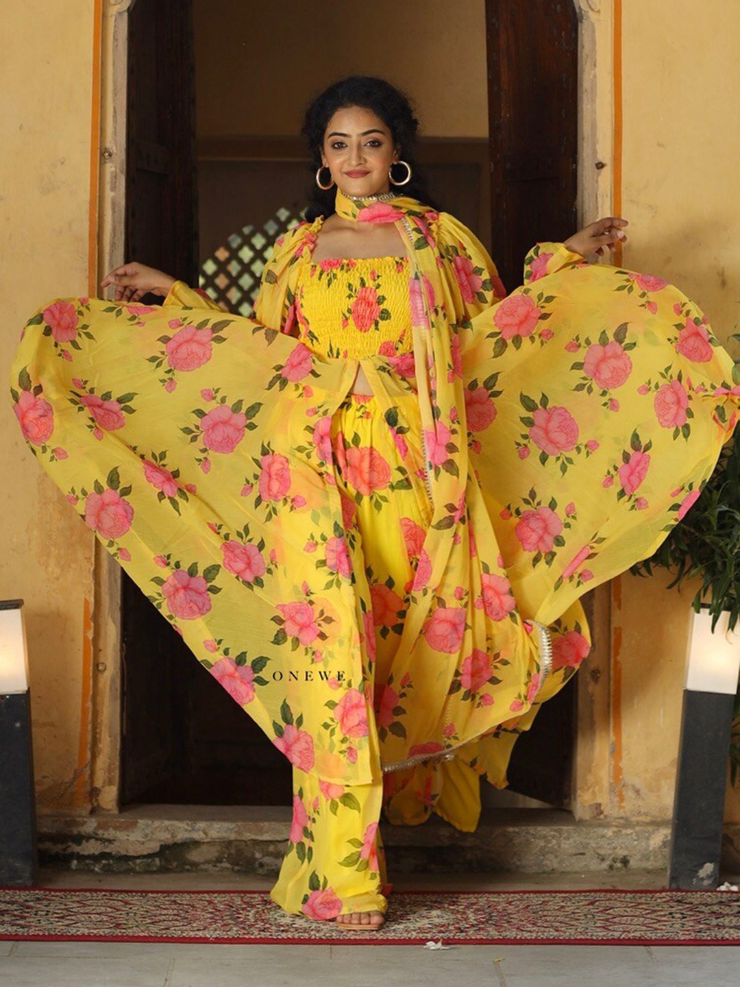 

OneWe Women Floral Printed High Front Slit Kurta with Palazzos & Dupatta, Yellow