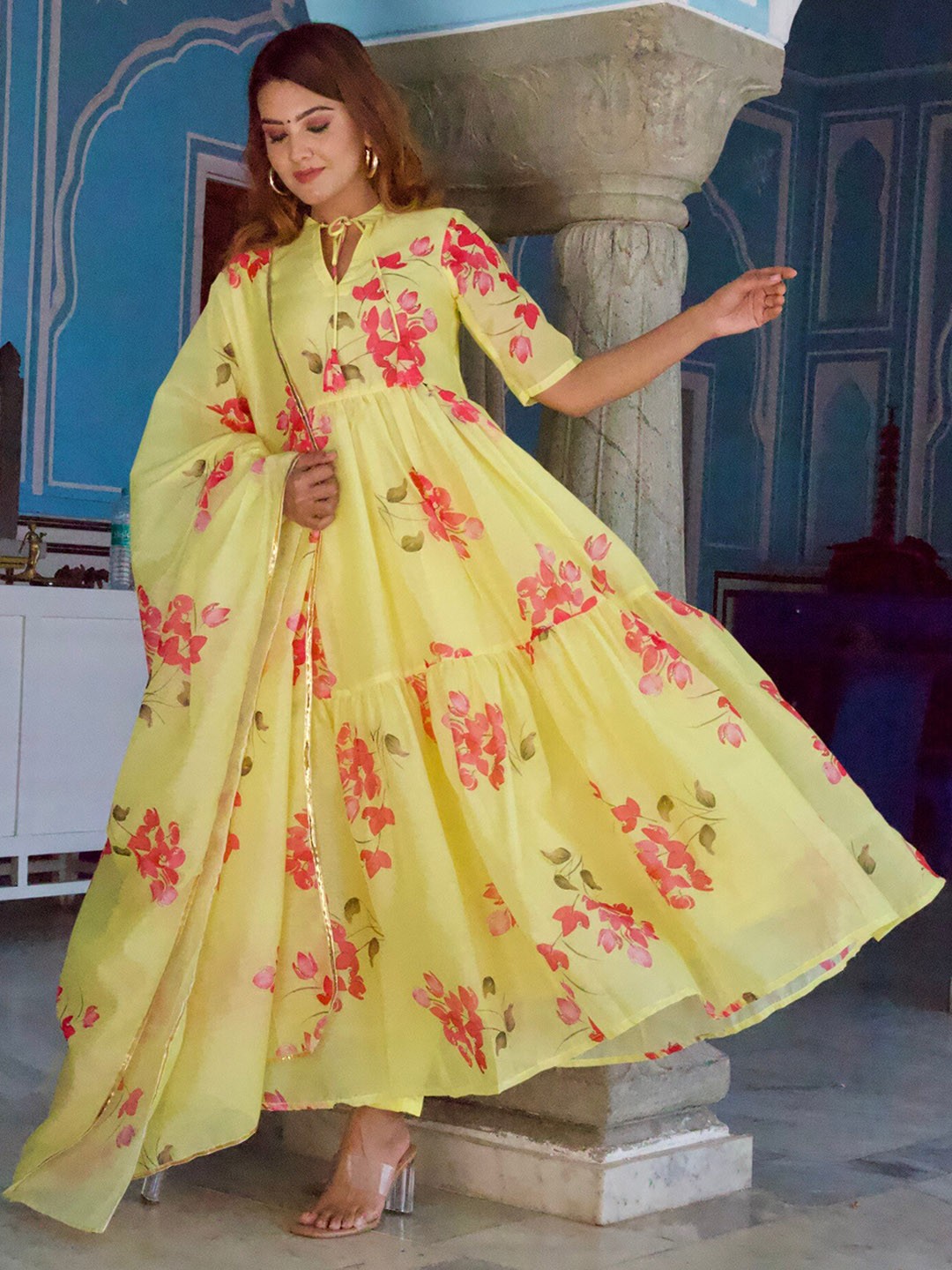 

OneWe Women Floral Printed Pleated Chanderi Cotton Kurta with Trousers & Dupatta, Yellow
