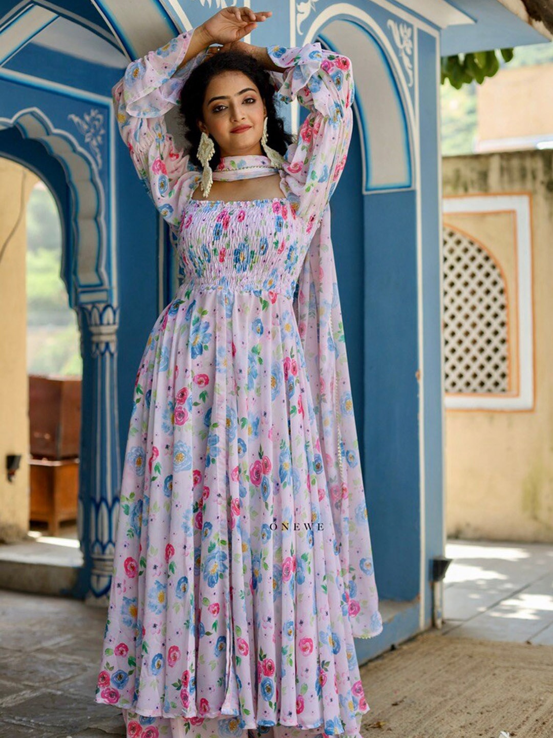 

OneWe Women Floral Printed Flared Anarkali Kurta with Palazzos & Dupatta, Pink