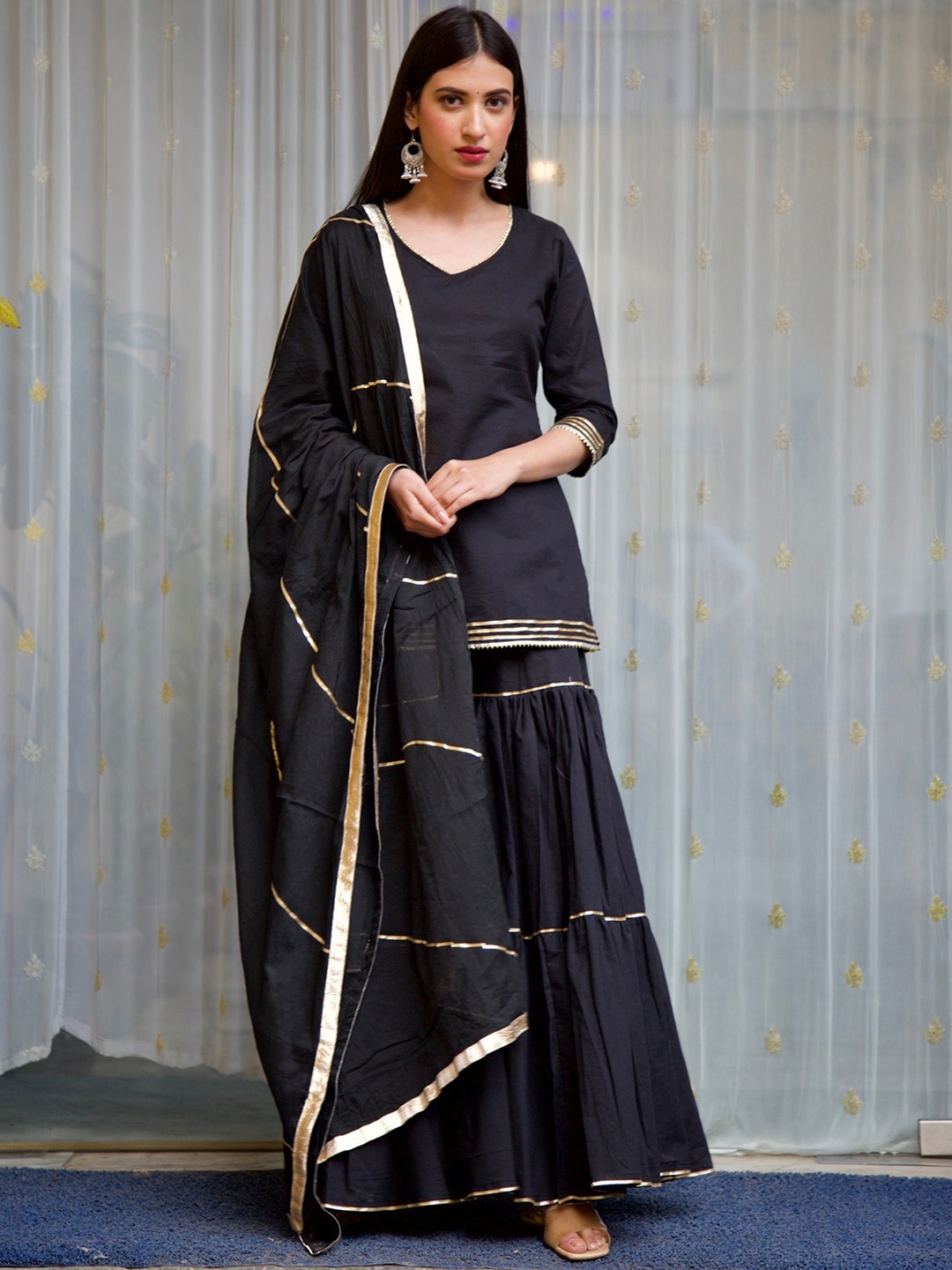 

OneWe Women Pure Cotton Kurti with Sharara & Dupatta, Black